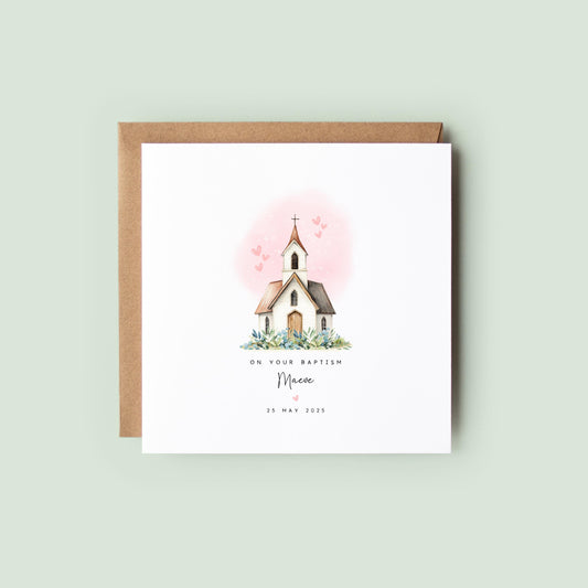 Personalised christening or baptism card for girls featuring a church with pink hearts. Customisable with name and date. Perfect keepsake for daughter, goddaughter, niece, sister or granddaughter. Eco-friendly and plastic-free.
