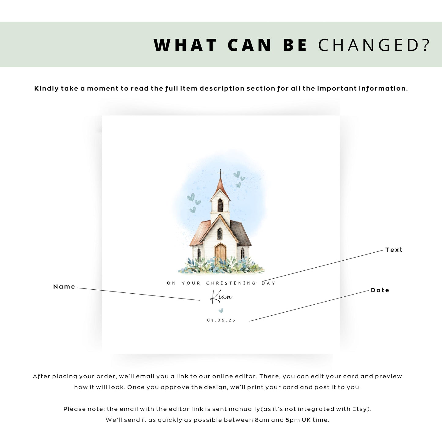 Personalised christening or baptism card for boys with a blue-accented church design. Customisable with name and date. Perfect keepsake for son, godson, nephew, brother, or grandson. Eco-friendly and plastic-free.