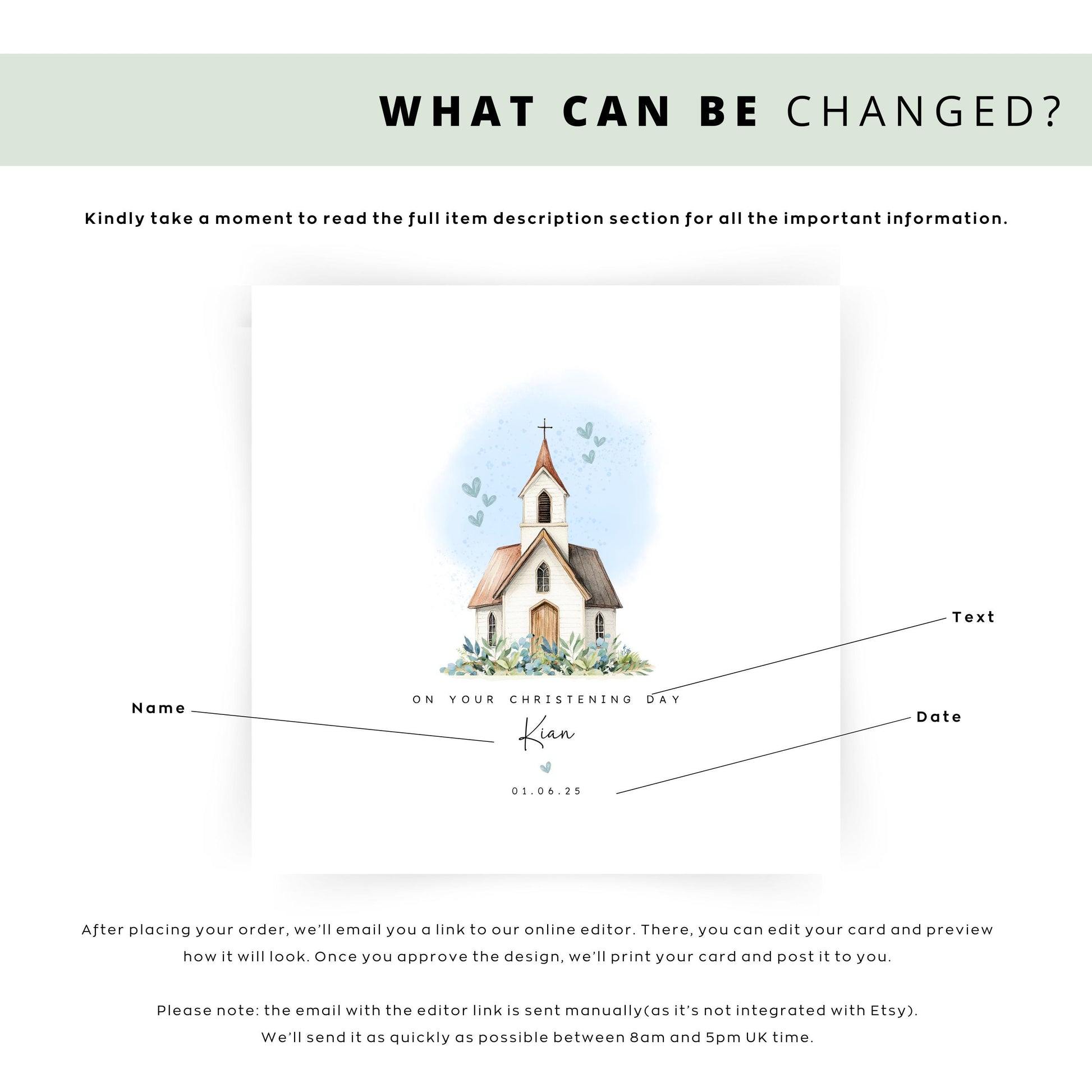 Personalised christening or baptism card for boys with a blue-accented church design. Customisable with name and date. Perfect keepsake for son, godson, nephew, brother, or grandson. Eco-friendly and plastic-free.