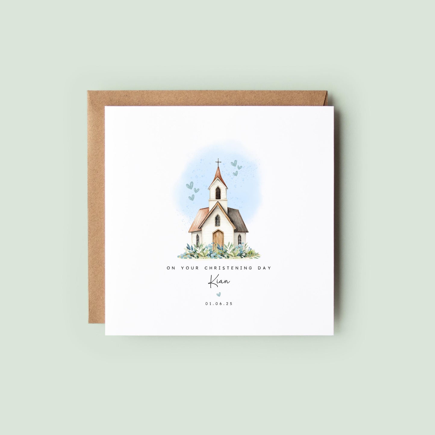 Personalised christening or baptism card for boys with a blue-accented church design. Customisable with name and date. Perfect keepsake for son, godson, nephew, brother, or grandson. Eco-friendly and plastic-free.