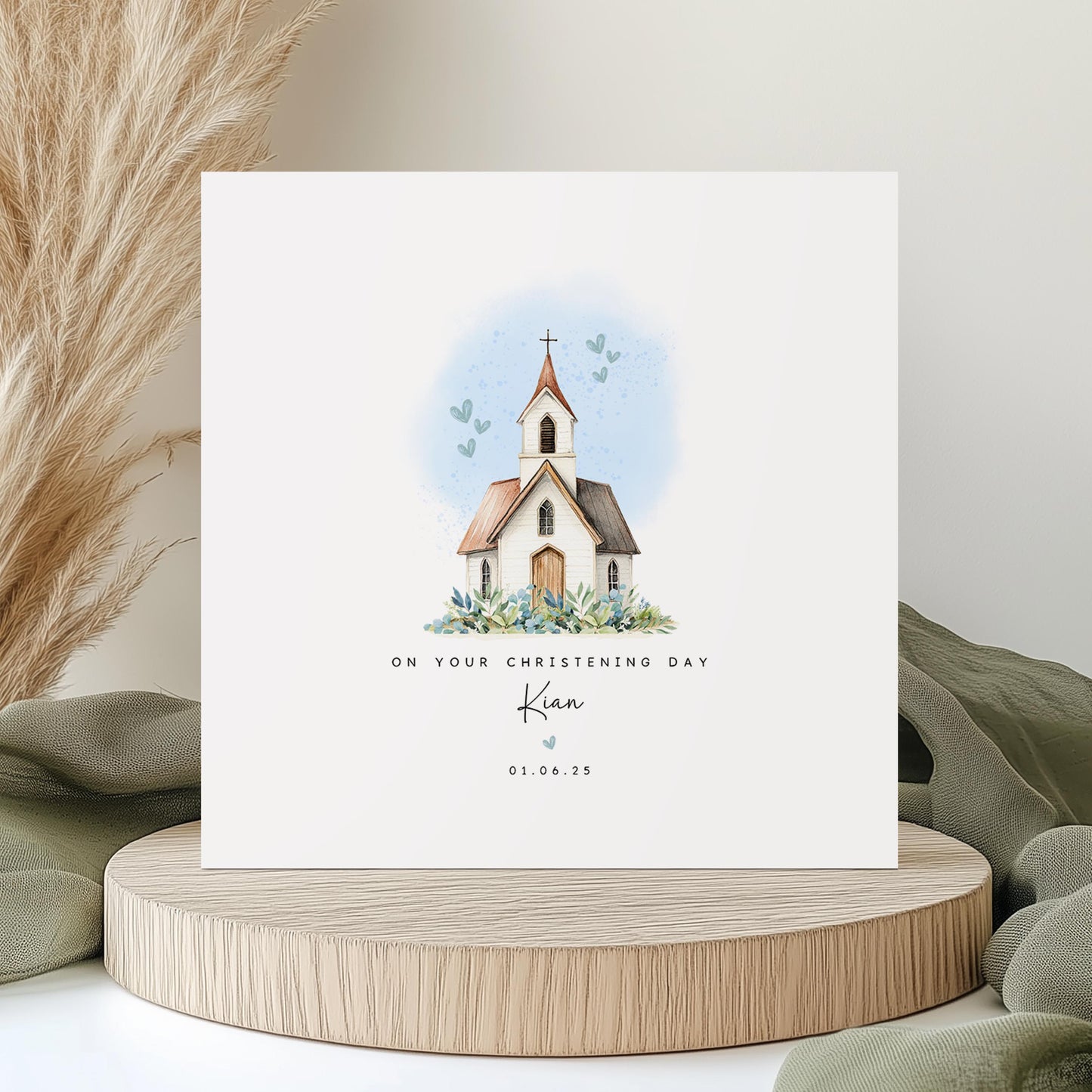 Personalised christening or baptism card for boys with a blue-accented church design. Customisable with name and date. Perfect keepsake for son, godson, nephew, brother, or grandson. Eco-friendly and plastic-free.