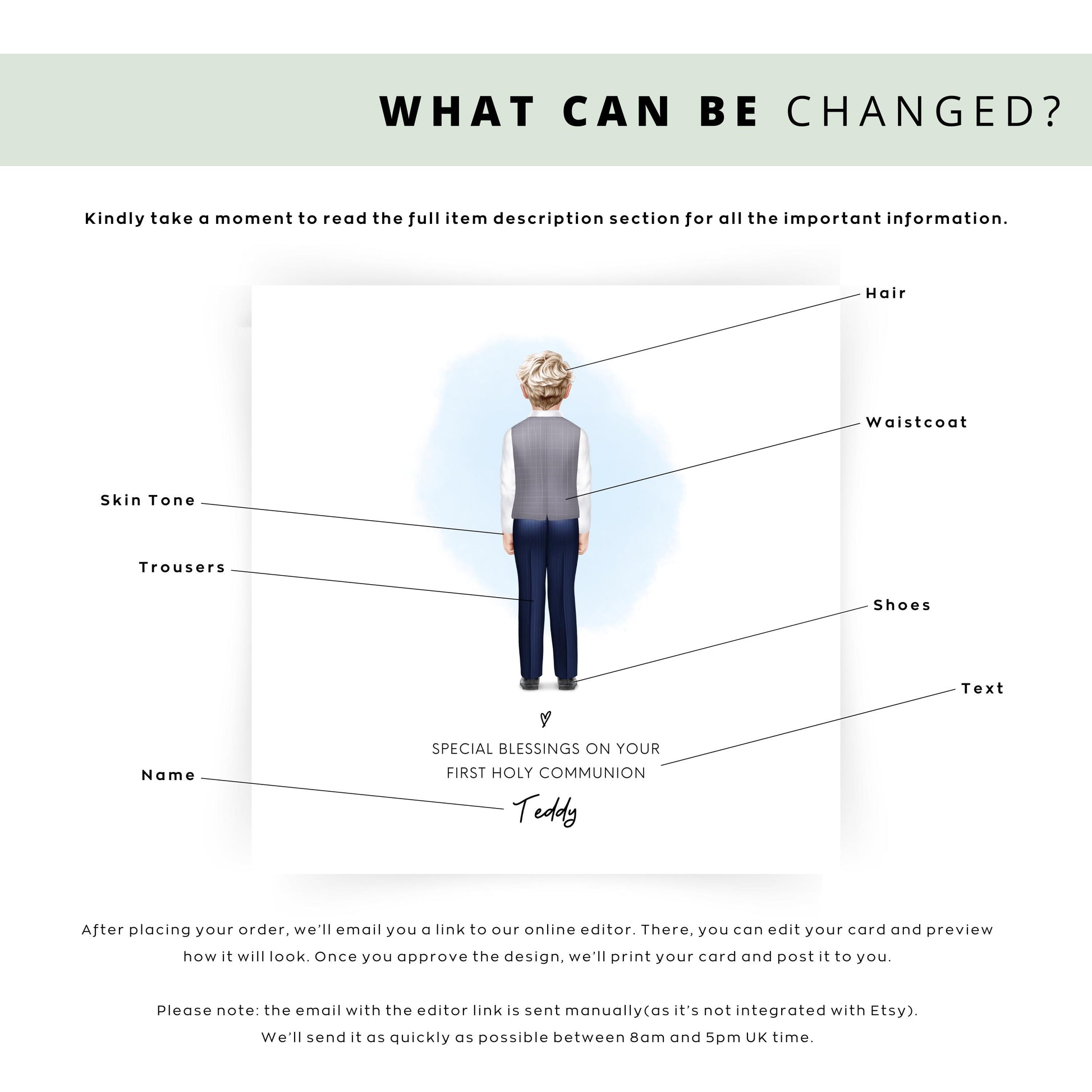 Personalised First Holy Communion card for boys featuring a back view illustration with name customisation. Ideal keepsake for son, godson, nephew or grandson on their special religious milestone.