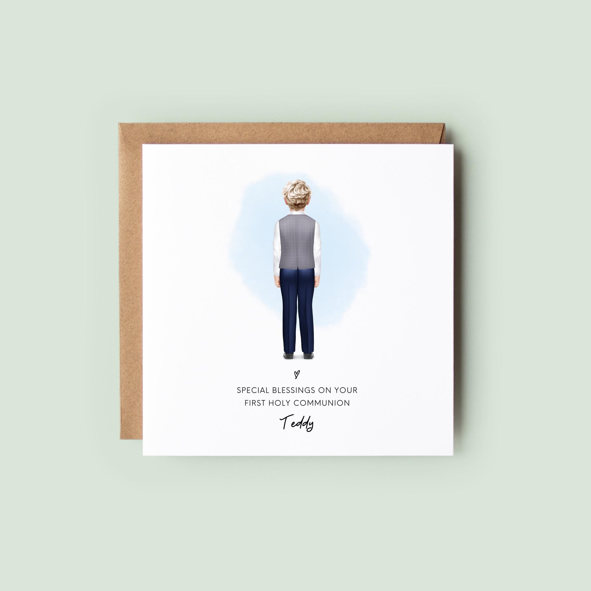 Personalised First Holy Communion card for boys featuring a back view illustration with name customisation. Ideal keepsake for son, godson, nephew or grandson on their special religious milestone.