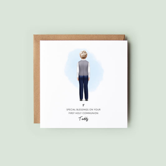 Personalised First Holy Communion card for boys featuring a back view illustration with name customisation. Ideal keepsake for son, godson, nephew or grandson on their special religious milestone.