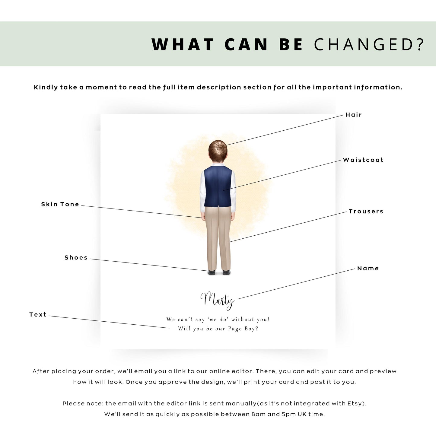 Personalised “Will You Be My Page Boy?” card featuring a back-view illustration of a young boy in a navy waistcoat and beige trousers with custom name and message.