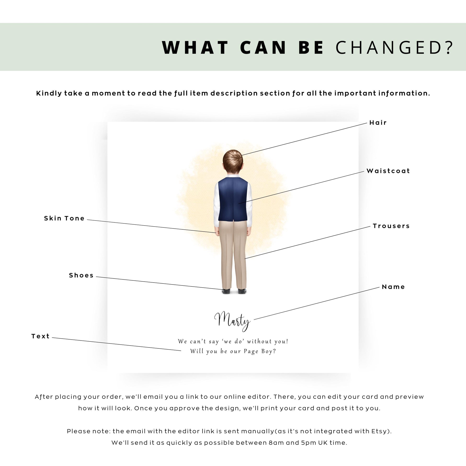 Personalised “Will You Be My Page Boy?” card featuring a back-view illustration of a young boy in a navy waistcoat and beige trousers with custom name and message.