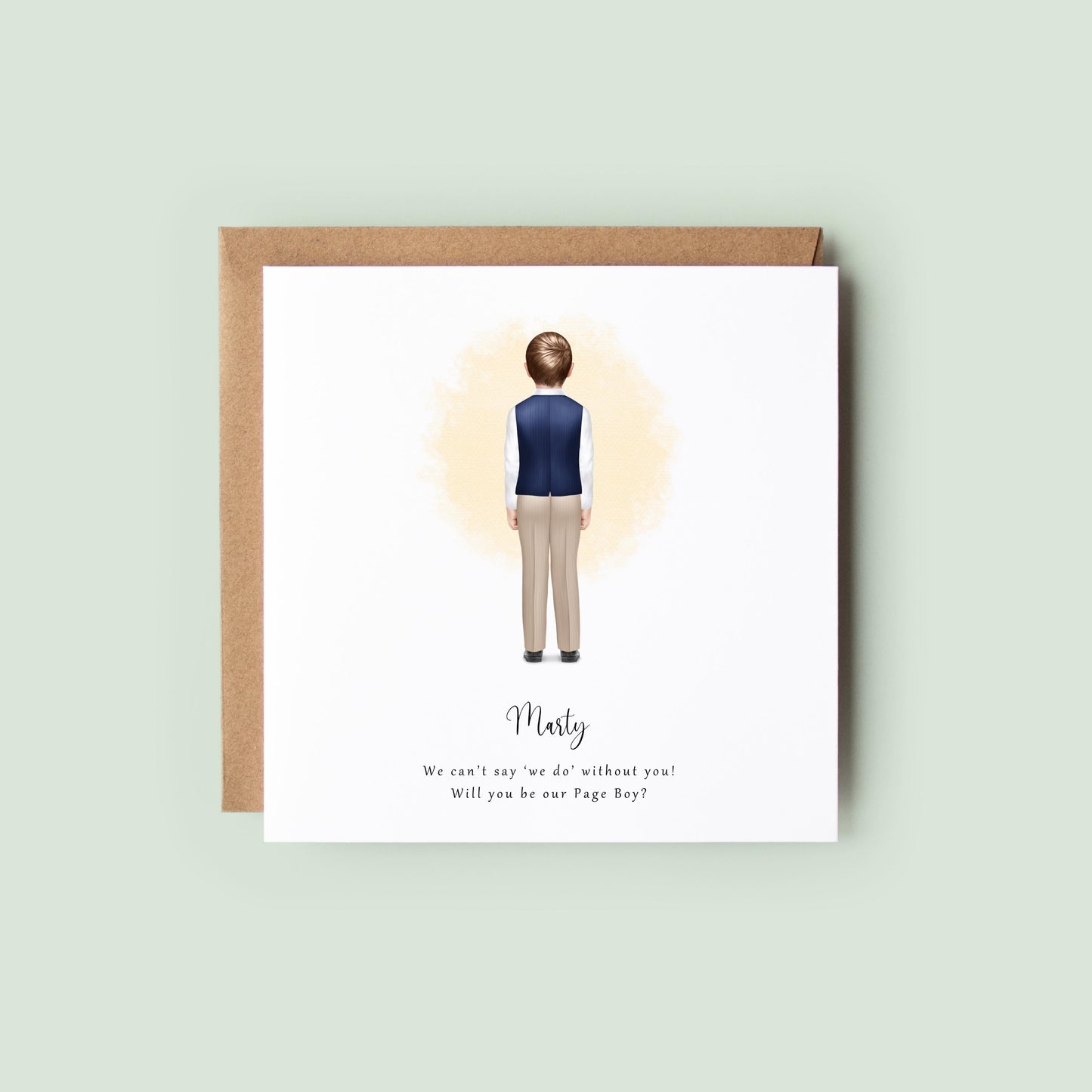 Personalised “Will You Be My Page Boy?” card featuring a back-view illustration of a young boy in a navy waistcoat and beige trousers with custom name and message.