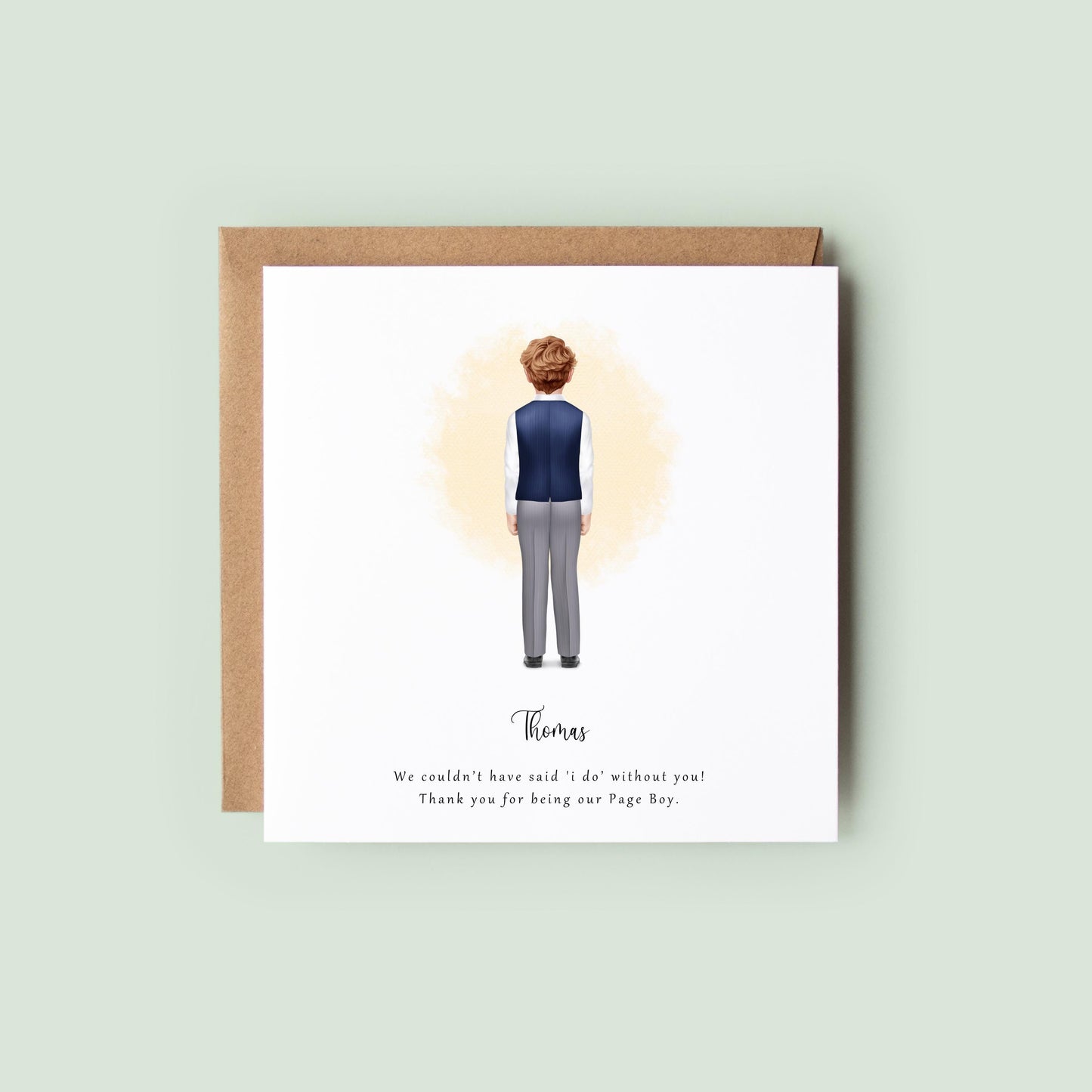 Personalised thank you card for a page boy with back-view illustration of boy in navy waistcoat and grey trousers, featuring custom name and message.