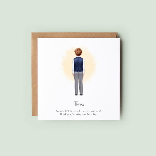 Personalised thank you card for a page boy with back-view illustration of boy in navy waistcoat and grey trousers, featuring custom name and message.