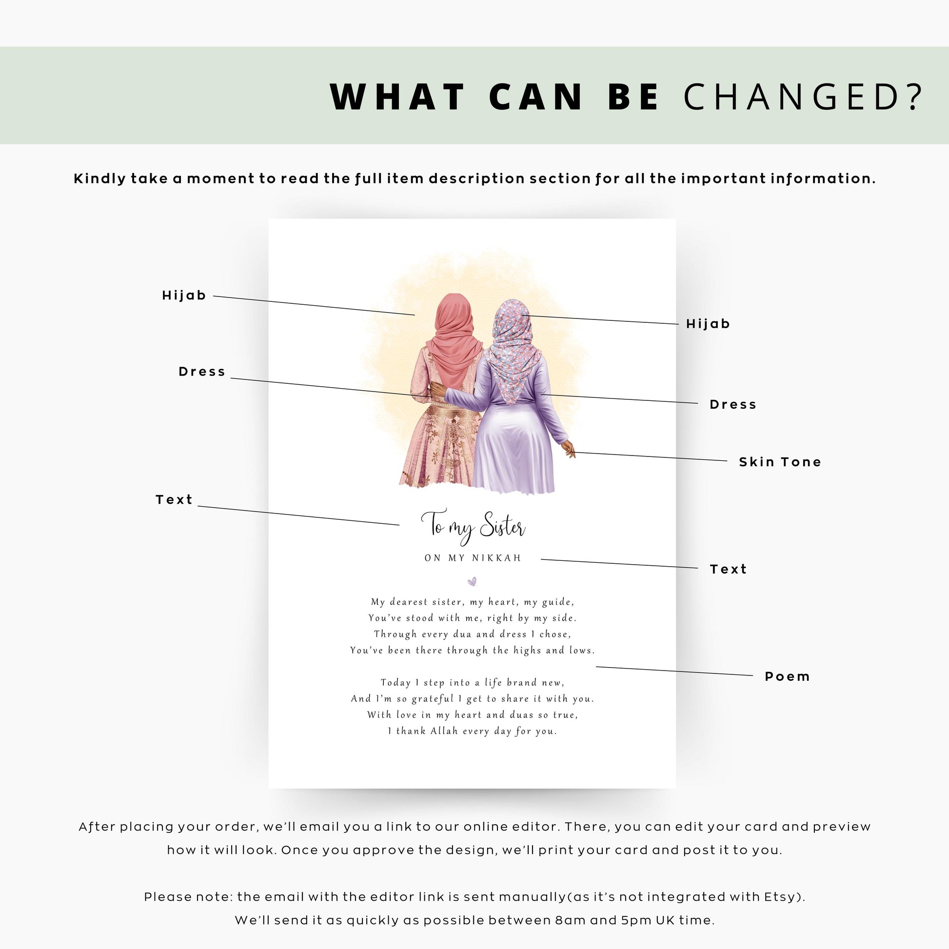 Personalised Nikkah day print from bride to sister with hijabi illustration and Islamic poem. A sentimental Muslim wedding gift and keepsake.