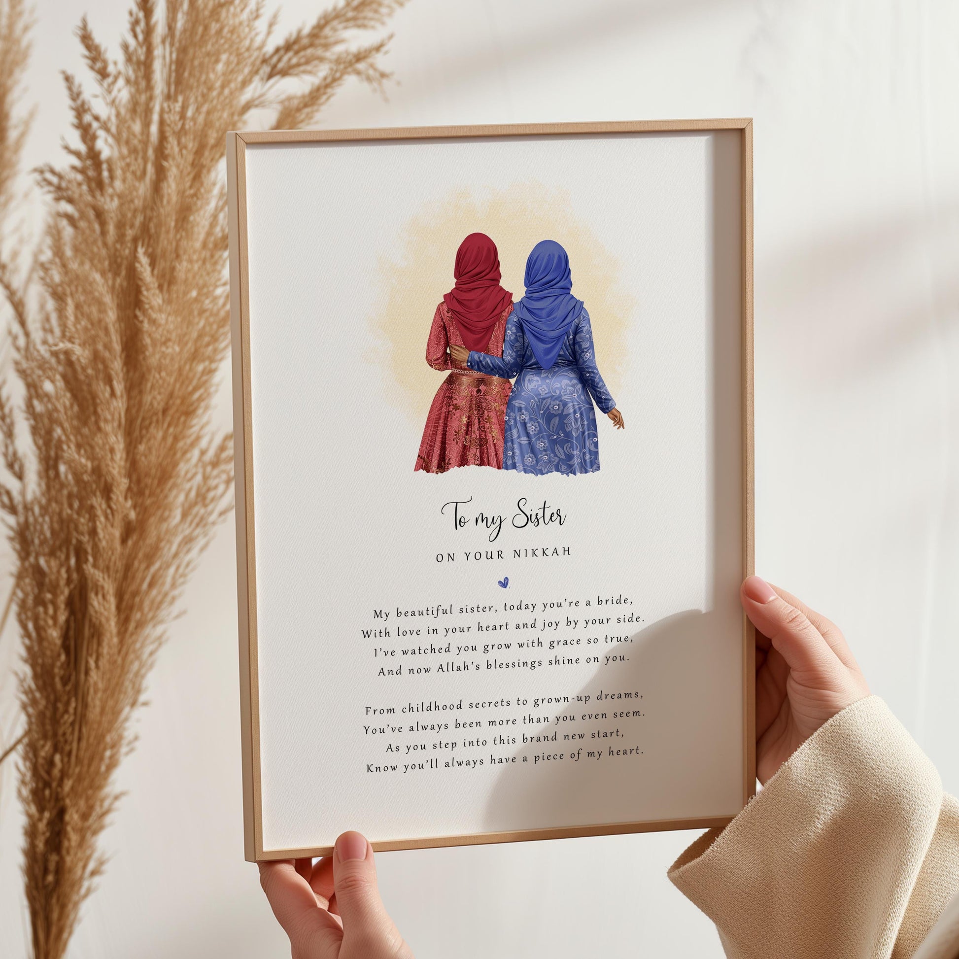 Personalised Nikkah poem print from sister to bride with hijabi artwork and touching Islamic message. Keepsake gift for Muslim weddings.