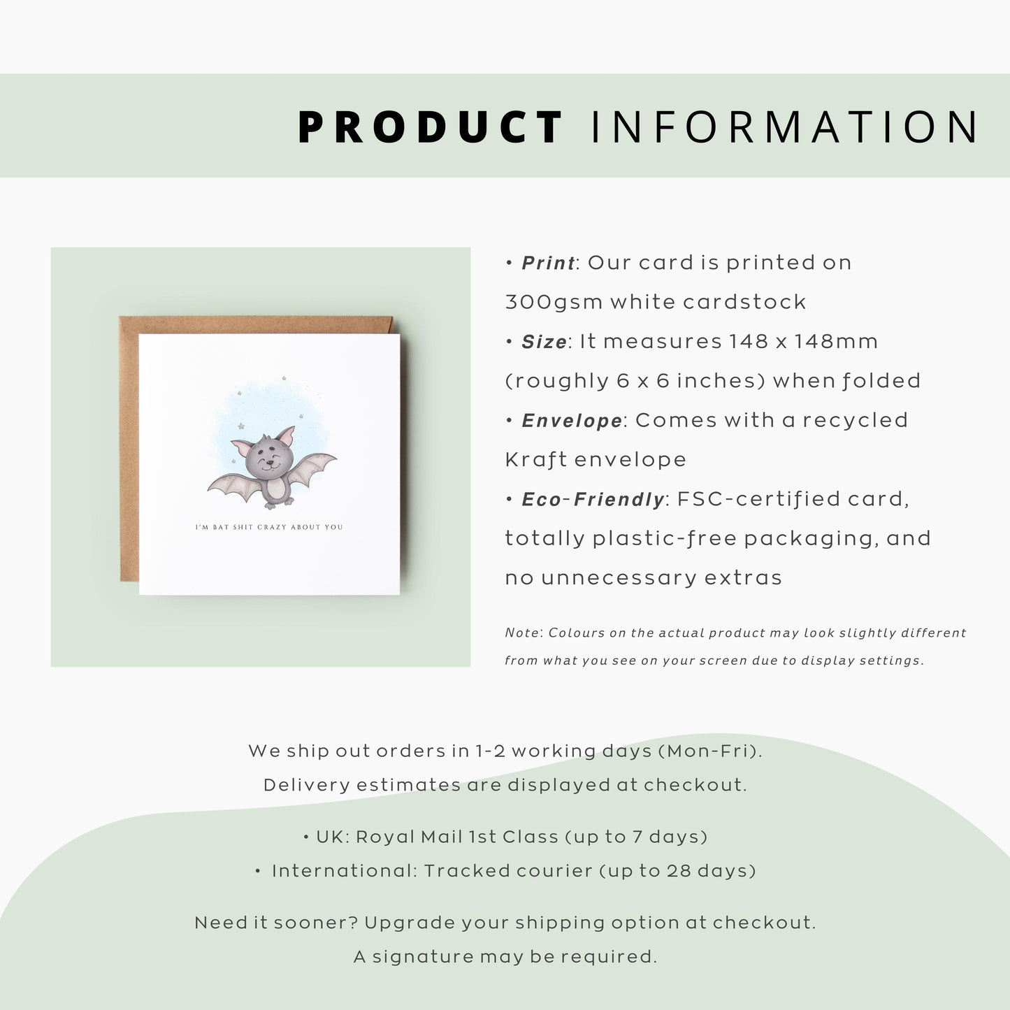 Funny Halloween card with illustrated bat and “I’m bat shit crazy about you” message. Cute and cheeky anniversary or love card for spooky season.