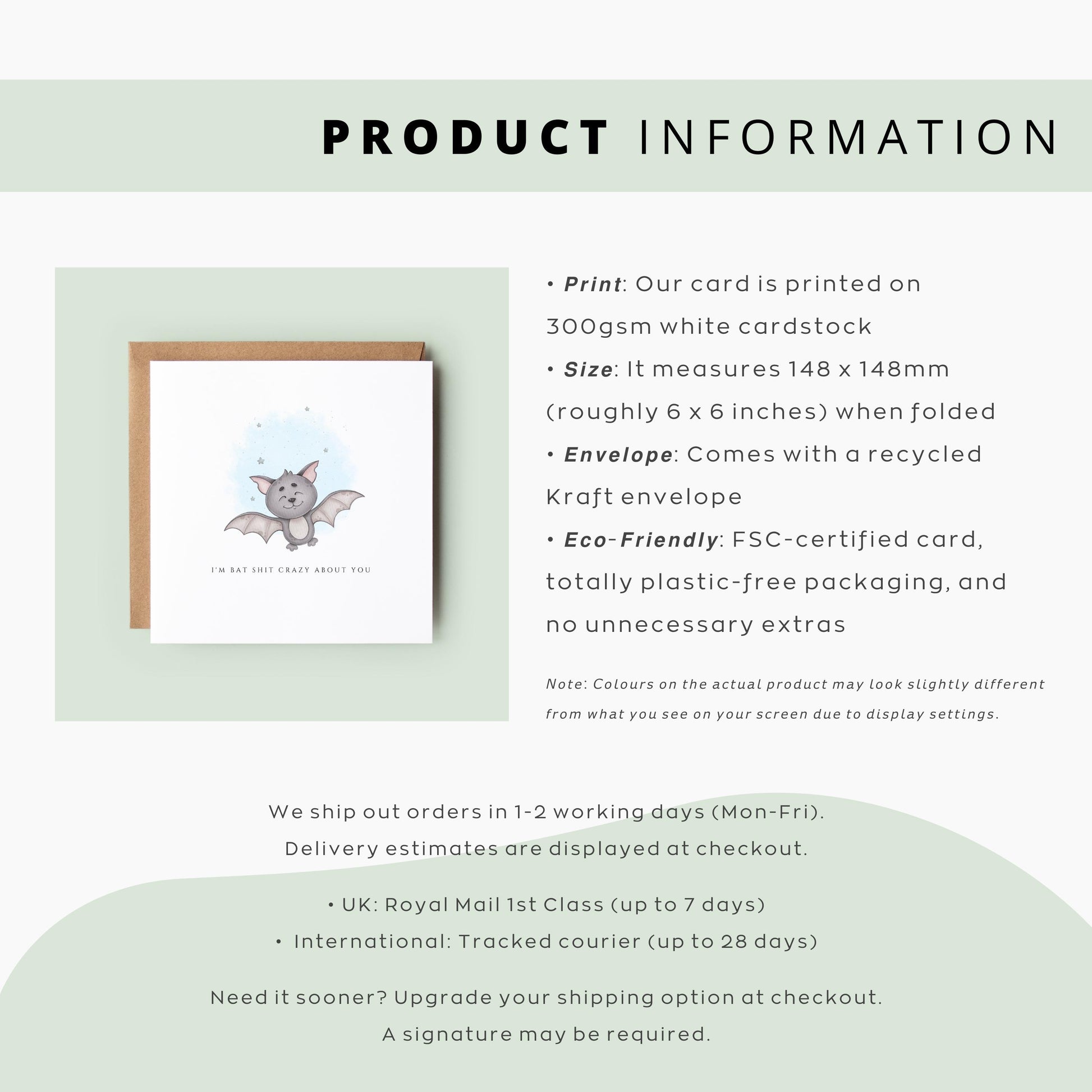 Funny Halloween card with illustrated bat and “I’m bat shit crazy about you” message. Cute and cheeky anniversary or love card for spooky season.