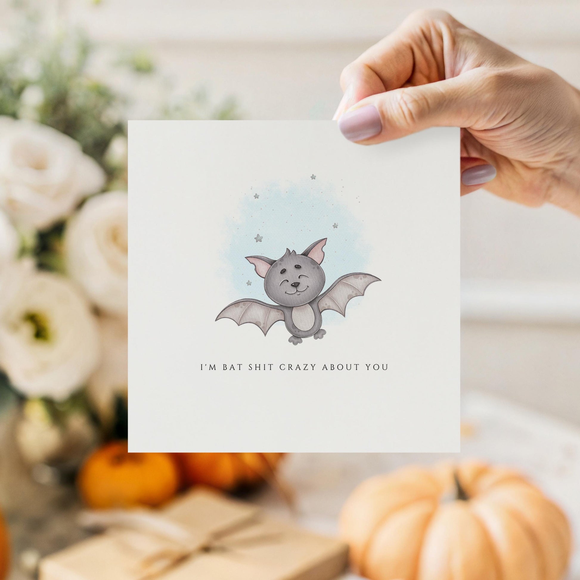 Funny Halloween card with illustrated bat and “I’m bat shit crazy about you” message. Cute and cheeky anniversary or love card for spooky season.