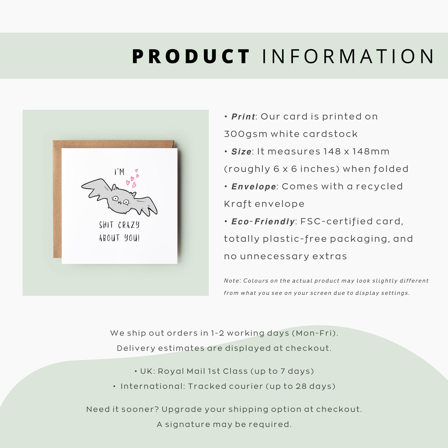 Funny illustrated Halloween card featuring a wide-eyed cartoon bat with hearts, and the caption “I’m Bat Shit Crazy About You”, perfect for spooky season love