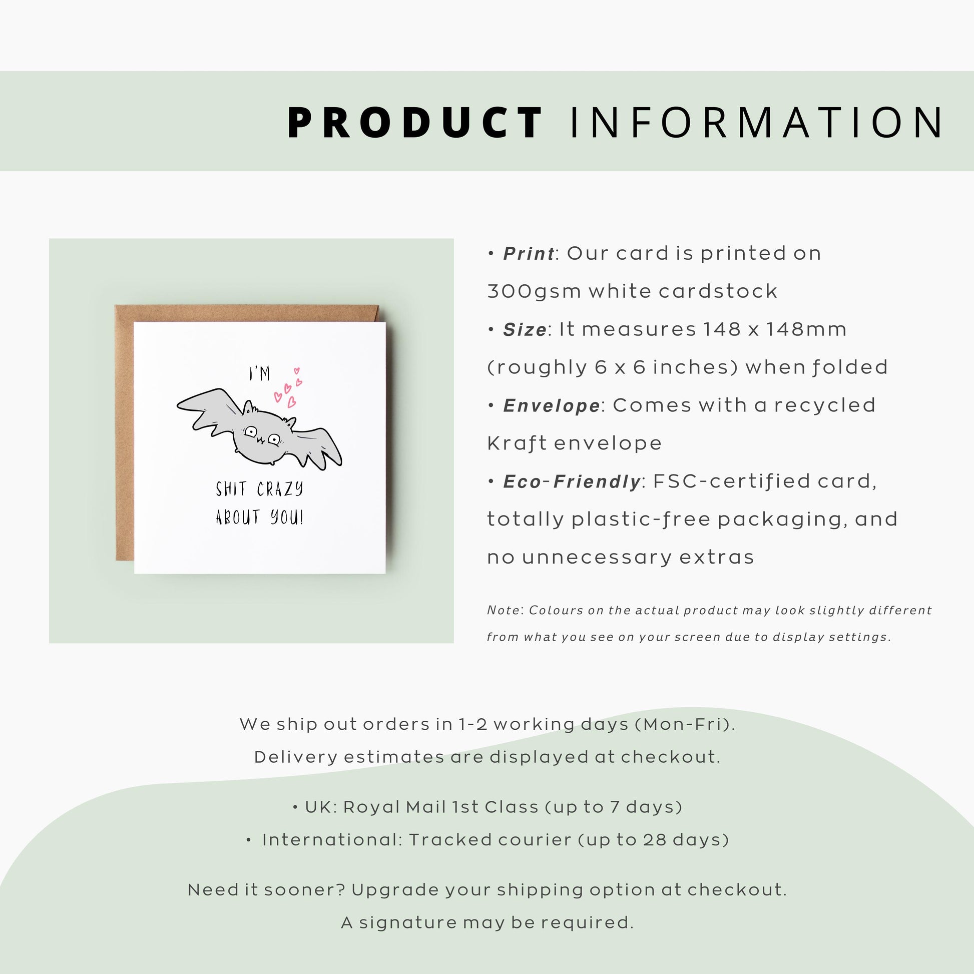 Funny illustrated Halloween card featuring a wide-eyed cartoon bat with hearts, and the caption “I’m Bat Shit Crazy About You”, perfect for spooky season love