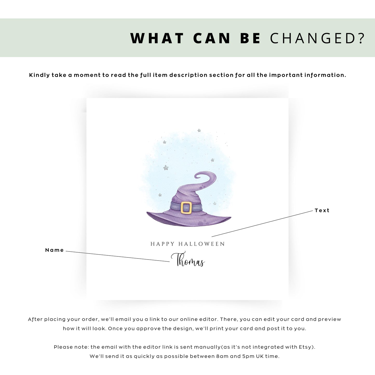 Personalised Halloween card featuring a purple witch hat with a starry background, “Happy Halloween” text, and the name Thomas beneath