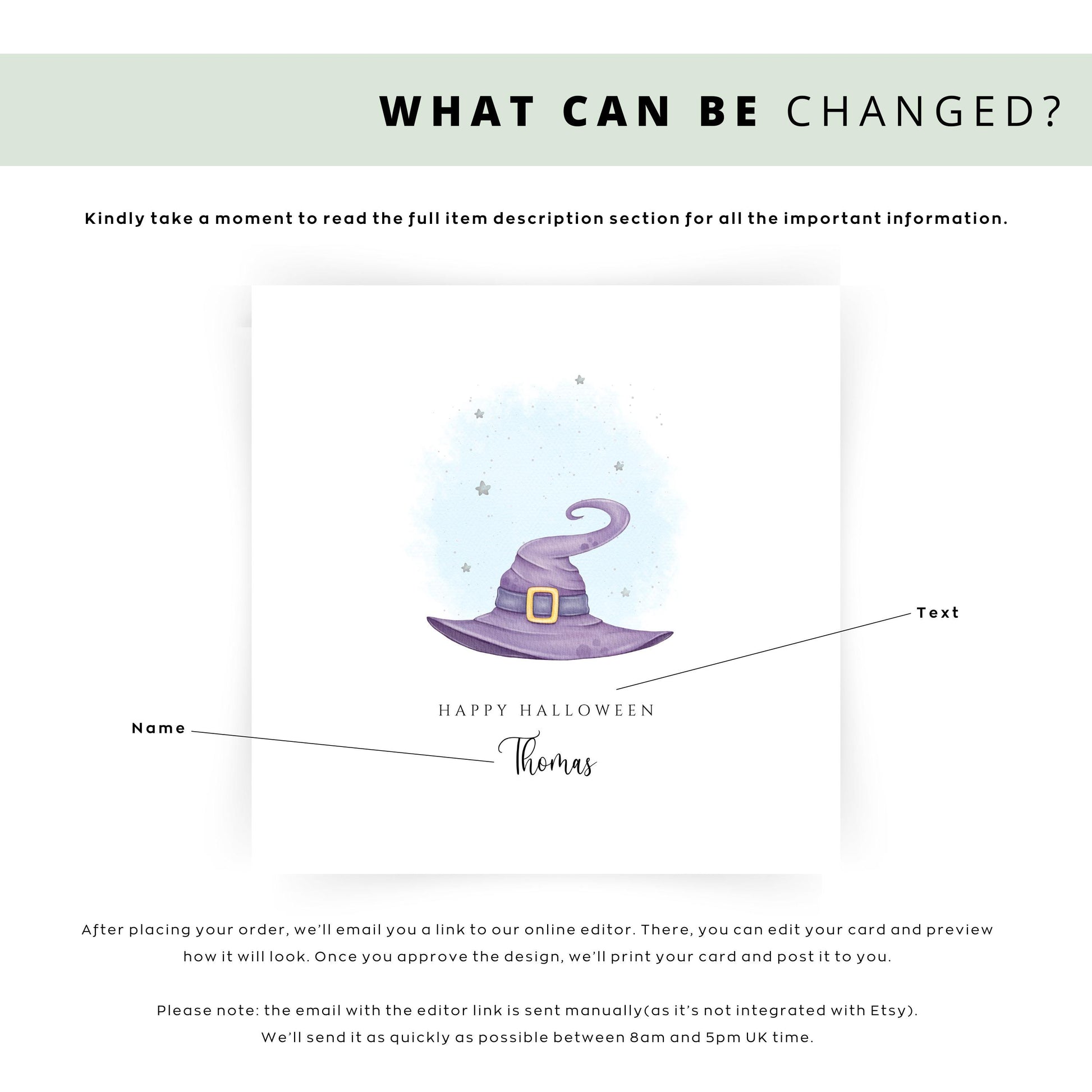 Personalised Halloween card featuring a purple witch hat with a starry background, “Happy Halloween” text, and the name Thomas beneath