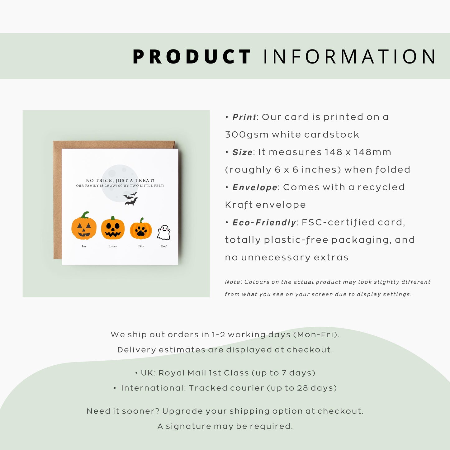 Personalised Halloween pregnancy announcement card with pumpkins and a ghost representing family members, and the phrase “Our family is growing by two little feet!”