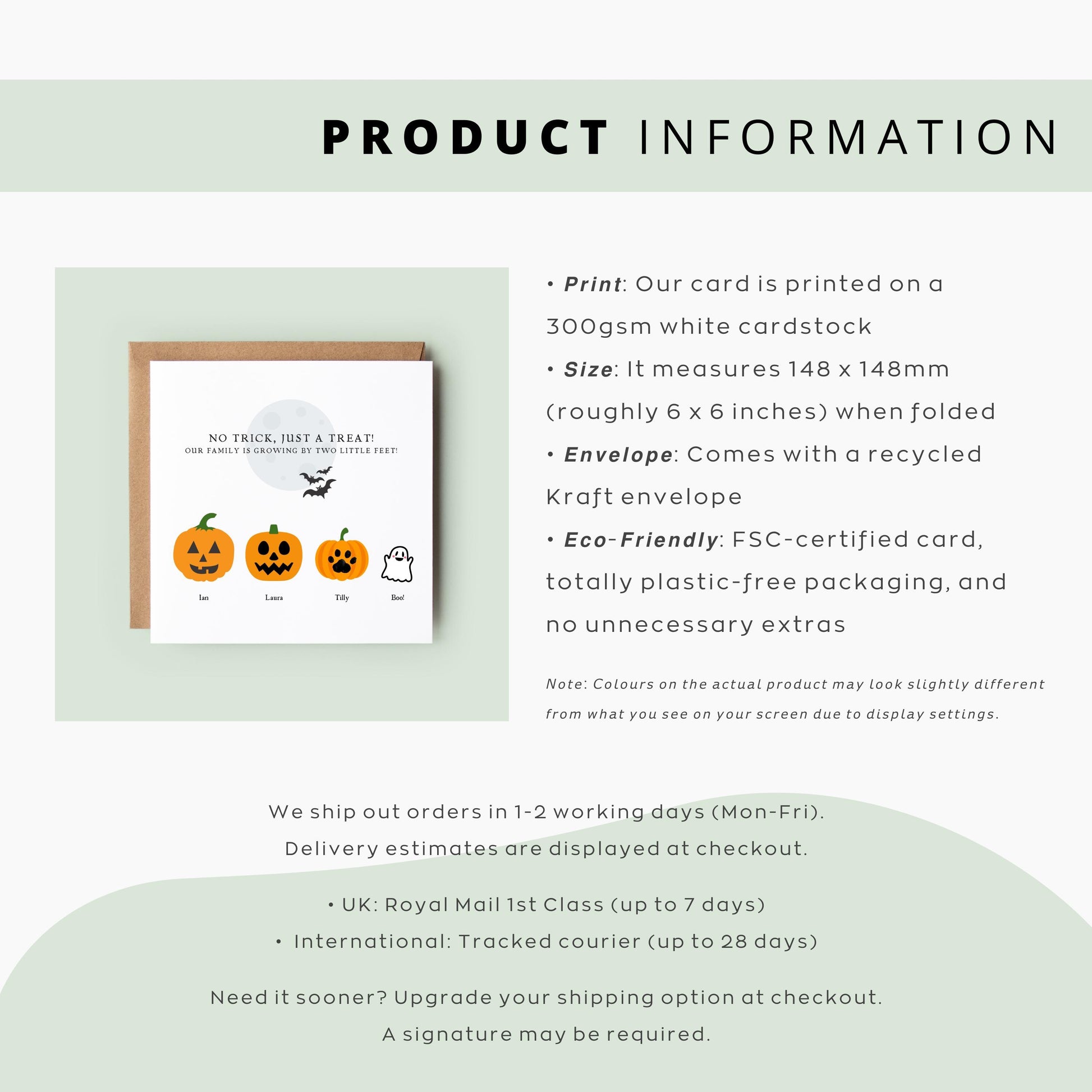 Personalised Halloween pregnancy announcement card with pumpkins and a ghost representing family members, and the phrase “Our family is growing by two little feet!”