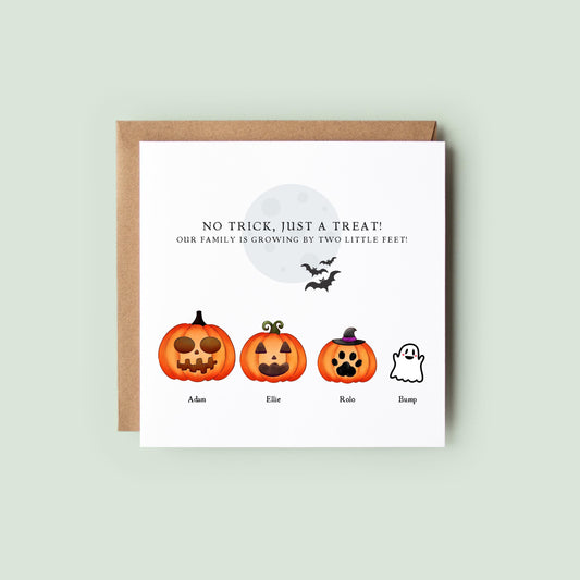 Personalised Halloween pregnancy announcement card featuring a pumpkin family with names and a ghost baby, and the message “Our family is growing by two little feet.”