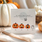 Personalised Halloween pregnancy announcement card featuring a pumpkin family with names and a ghost baby, and the message “Our family is growing by two little feet.”
