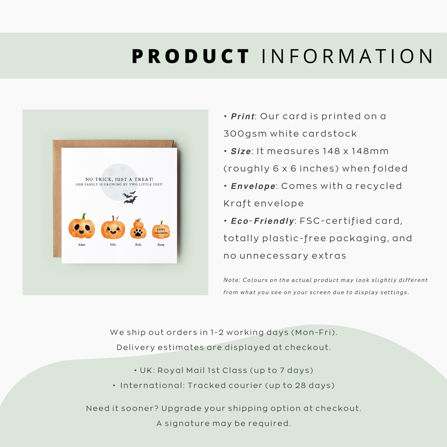 Personalised Halloween pregnancy announcement card with pastel pumpkins representing family members and a baby pumpkin with “Happy Halloween” and names underneath.