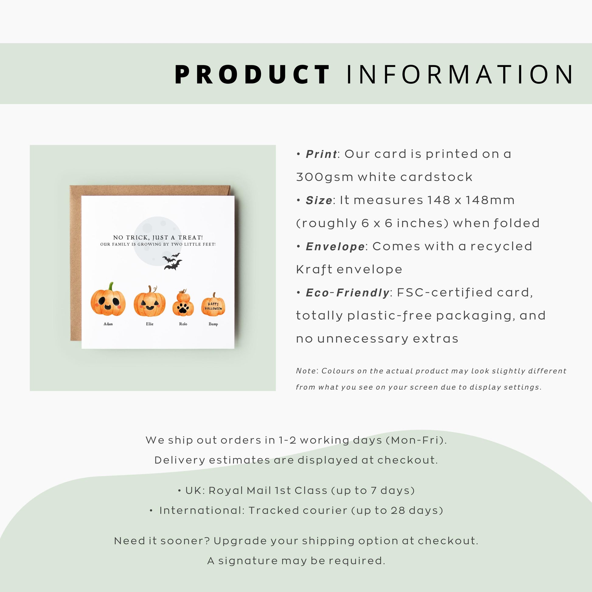 Personalised Halloween pregnancy announcement card with pastel pumpkins representing family members and a baby pumpkin with “Happy Halloween” and names underneath.