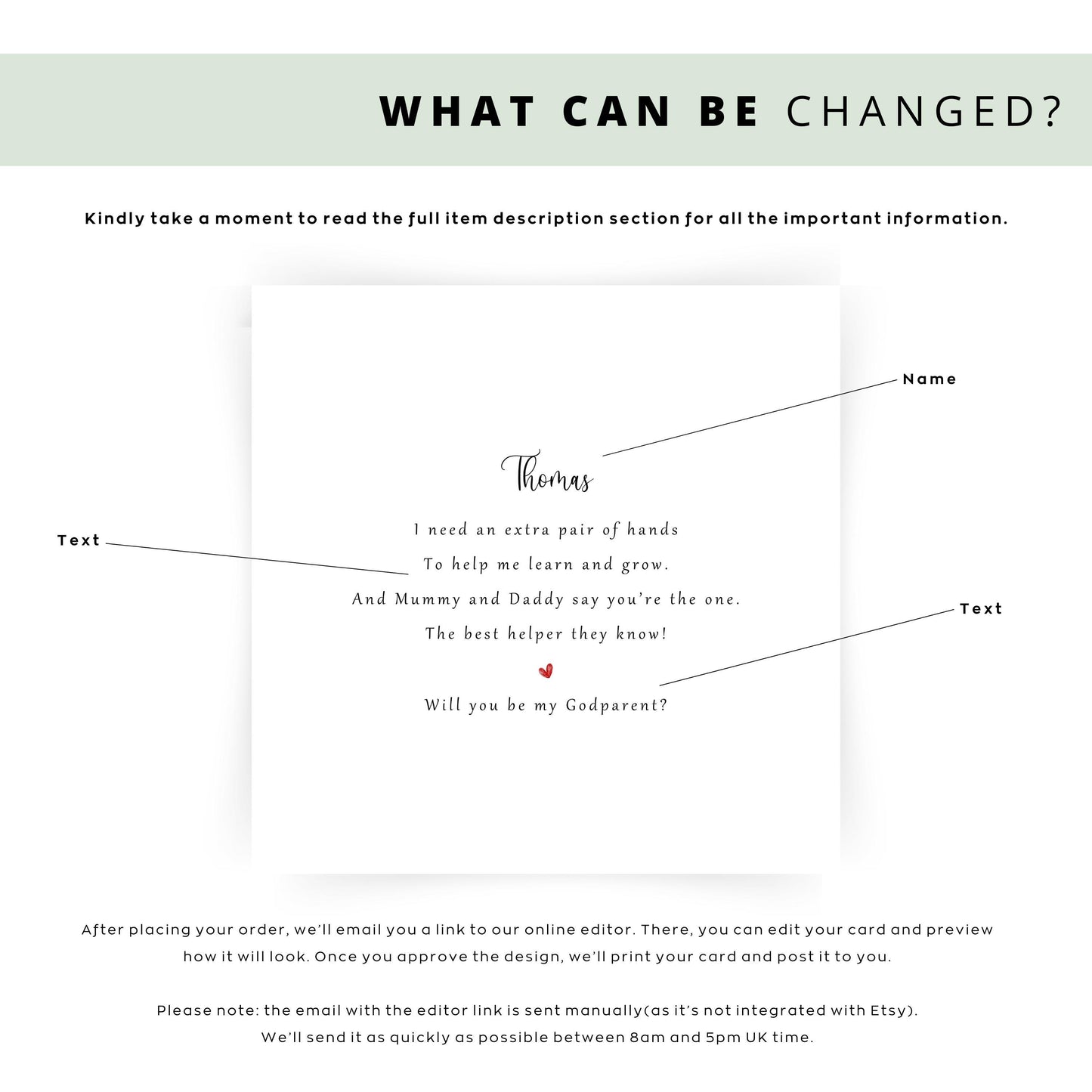 Personalised godparent proposal card featuring a heartfelt poem and red heart accent, perfect for christenings, baptisms, and naming ceremonies.