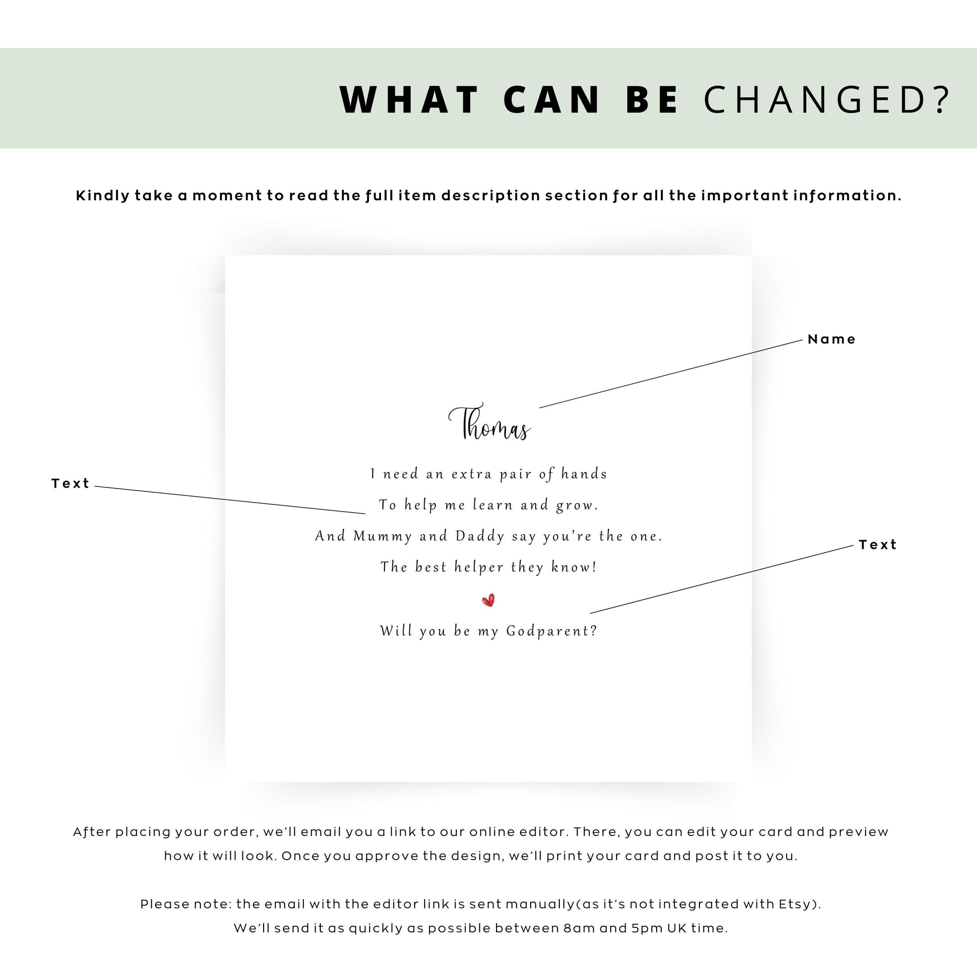 Personalised godparent proposal card featuring a heartfelt poem and red heart accent, perfect for christenings, baptisms, and naming ceremonies.