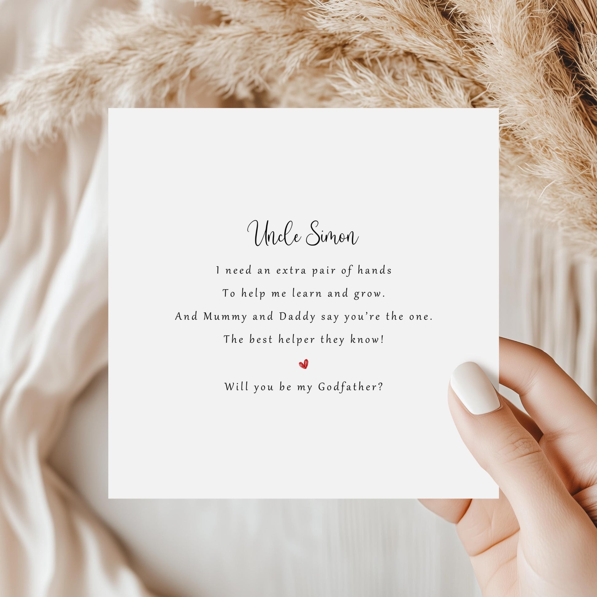 Personalised Will You Be My Godfather proposal card with custom name, printed rhyme, and heart detail, perfect for Christening, Baptism, or Naming Day.