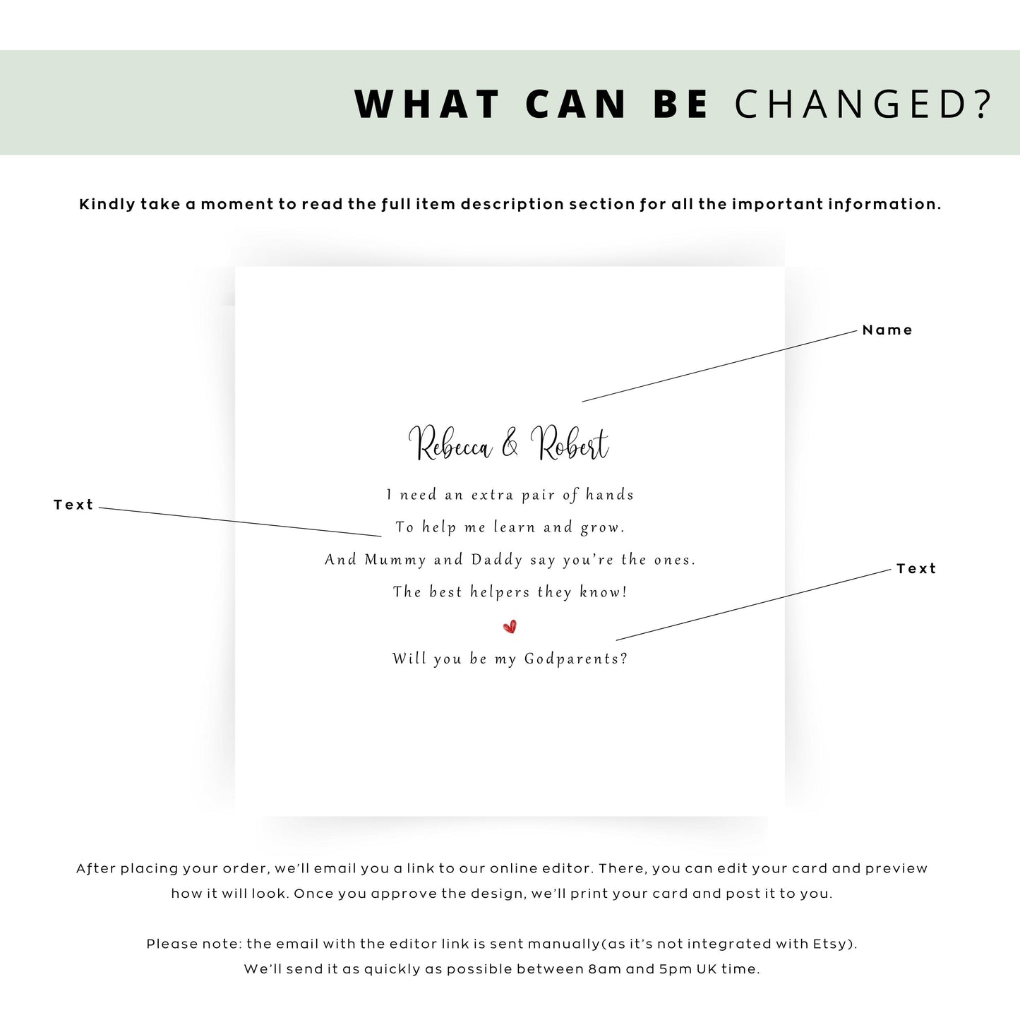 Personalised Will You Be My Godparents proposal card with custom names and printed rhyme, perfect for Christening, Baptism, or Naming Day celebrations.