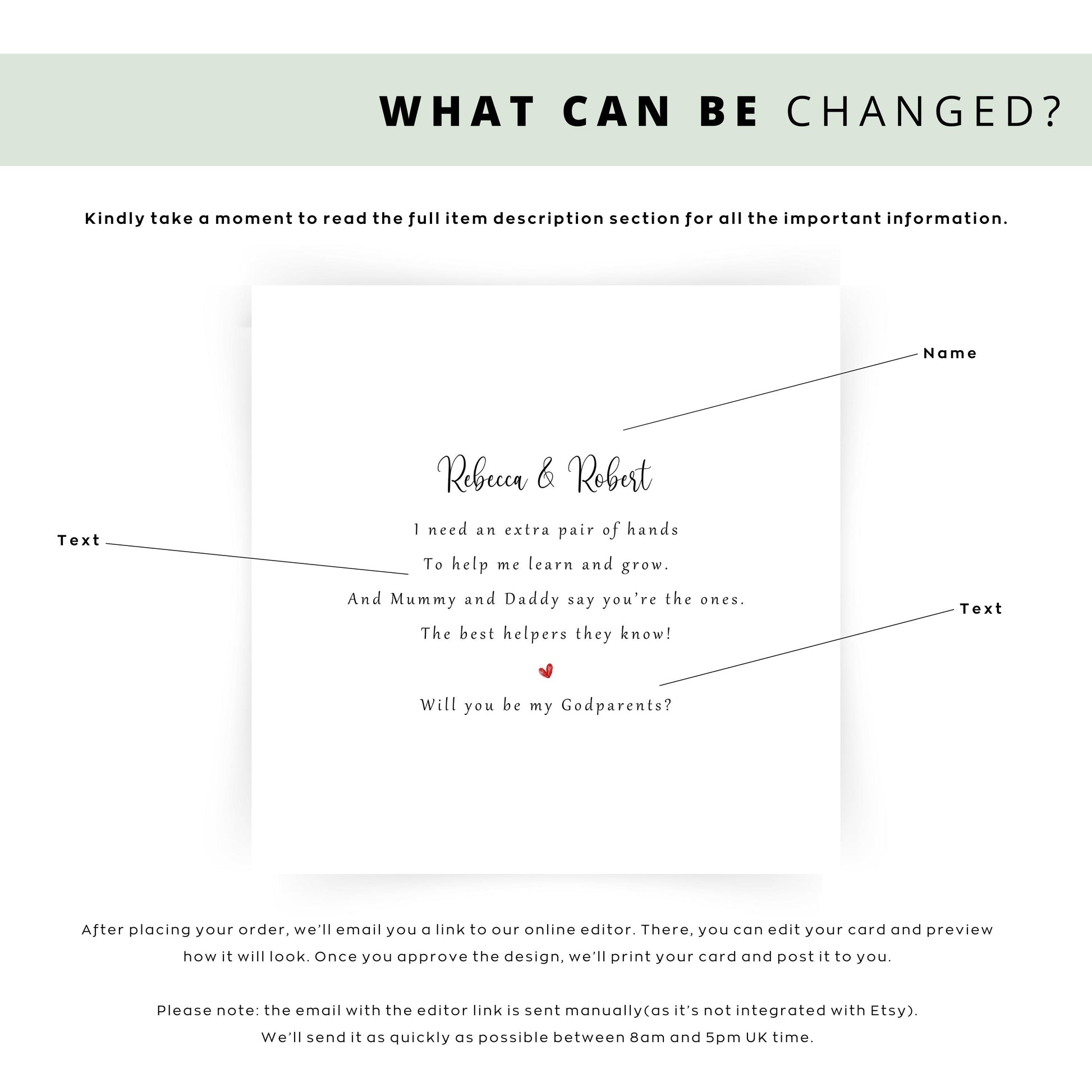 Personalised Will You Be My Godparents proposal card with custom names and printed rhyme, perfect for Christening, Baptism, or Naming Day celebrations.