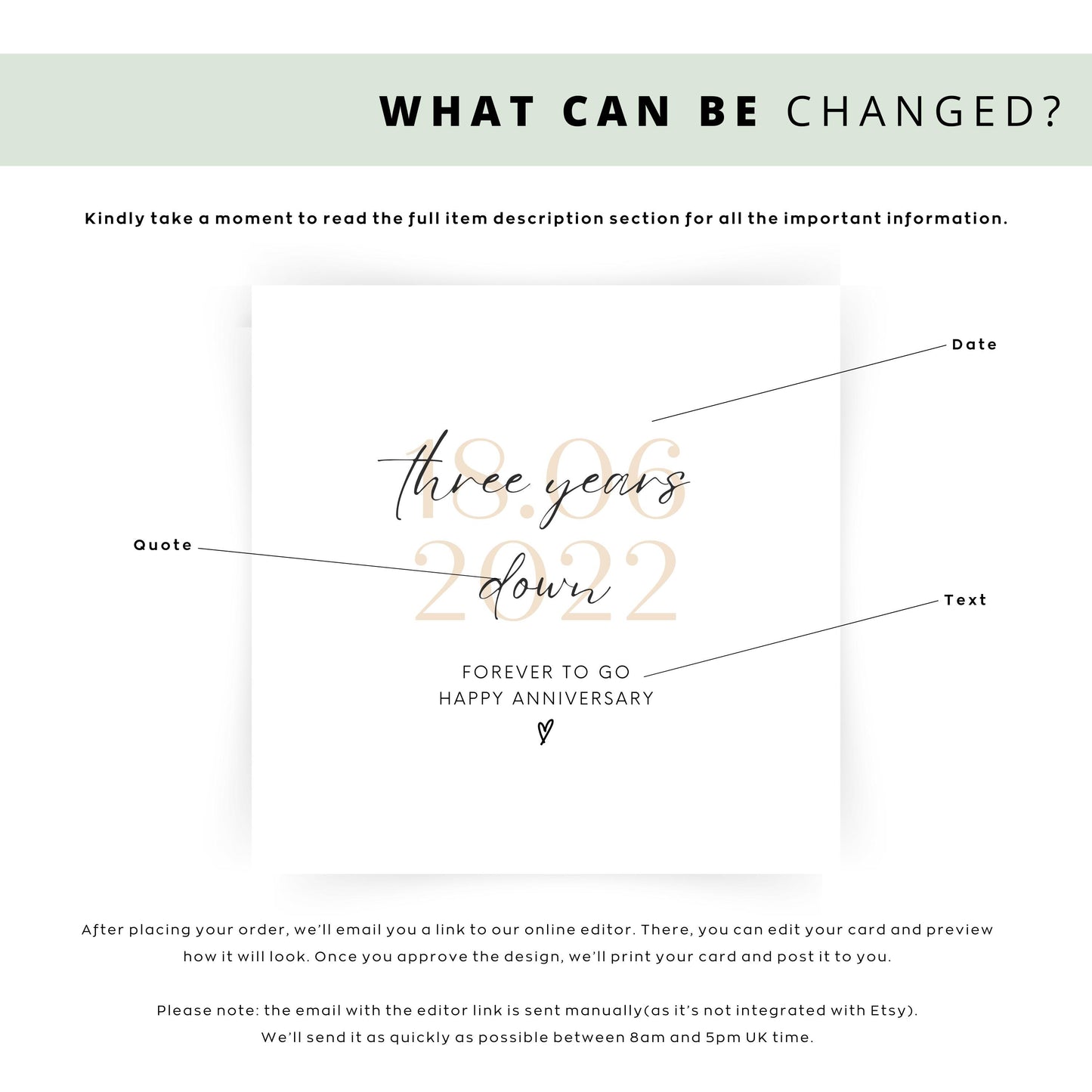 Three year anniversary card with “Three years down forever to go” quote