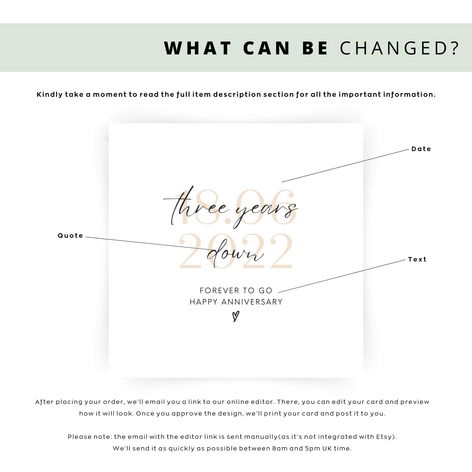 Three year anniversary card with “Three years down forever to go” quote