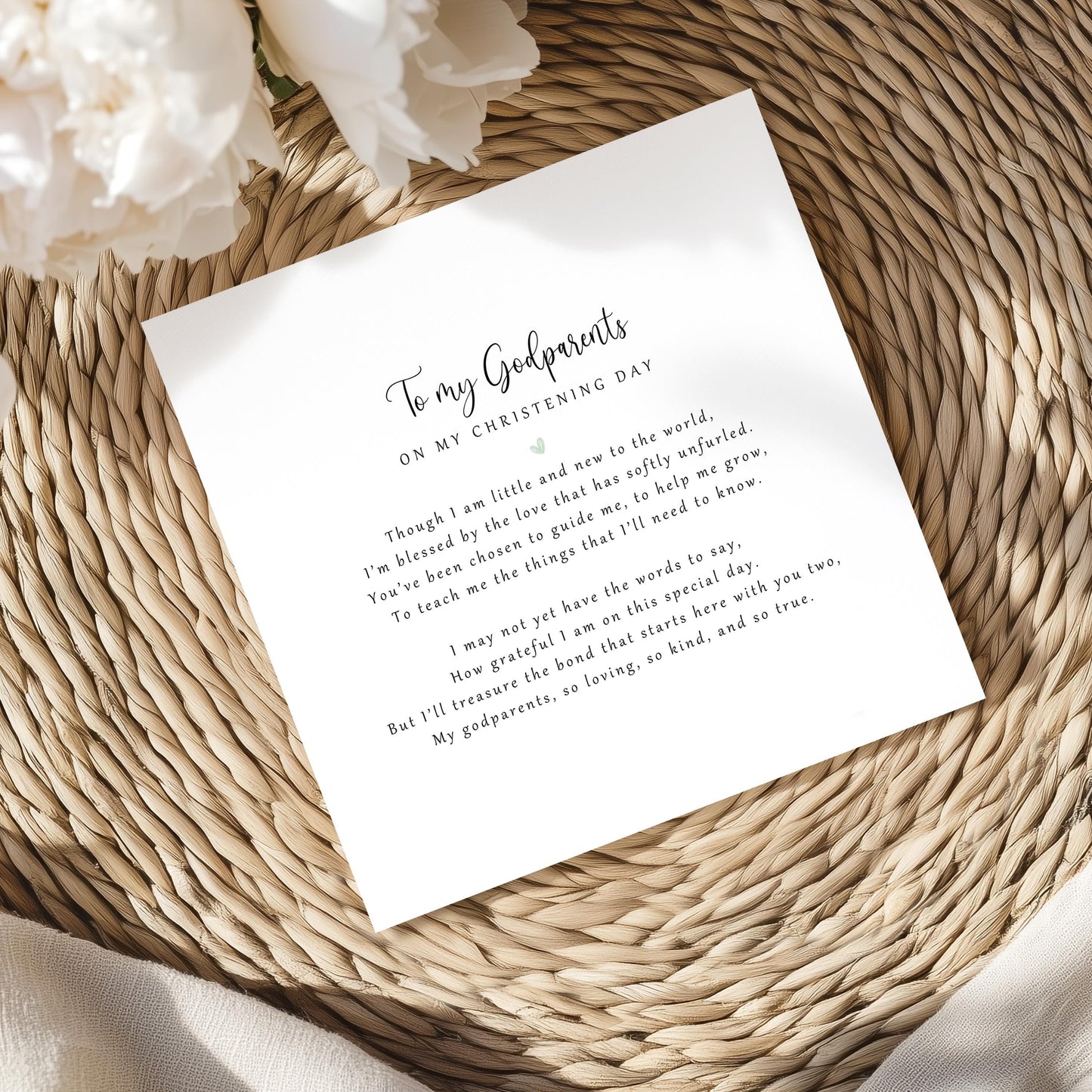 Personalised christening day poem card from baby to godparents, printed on eco-friendly card with kraft envelope.