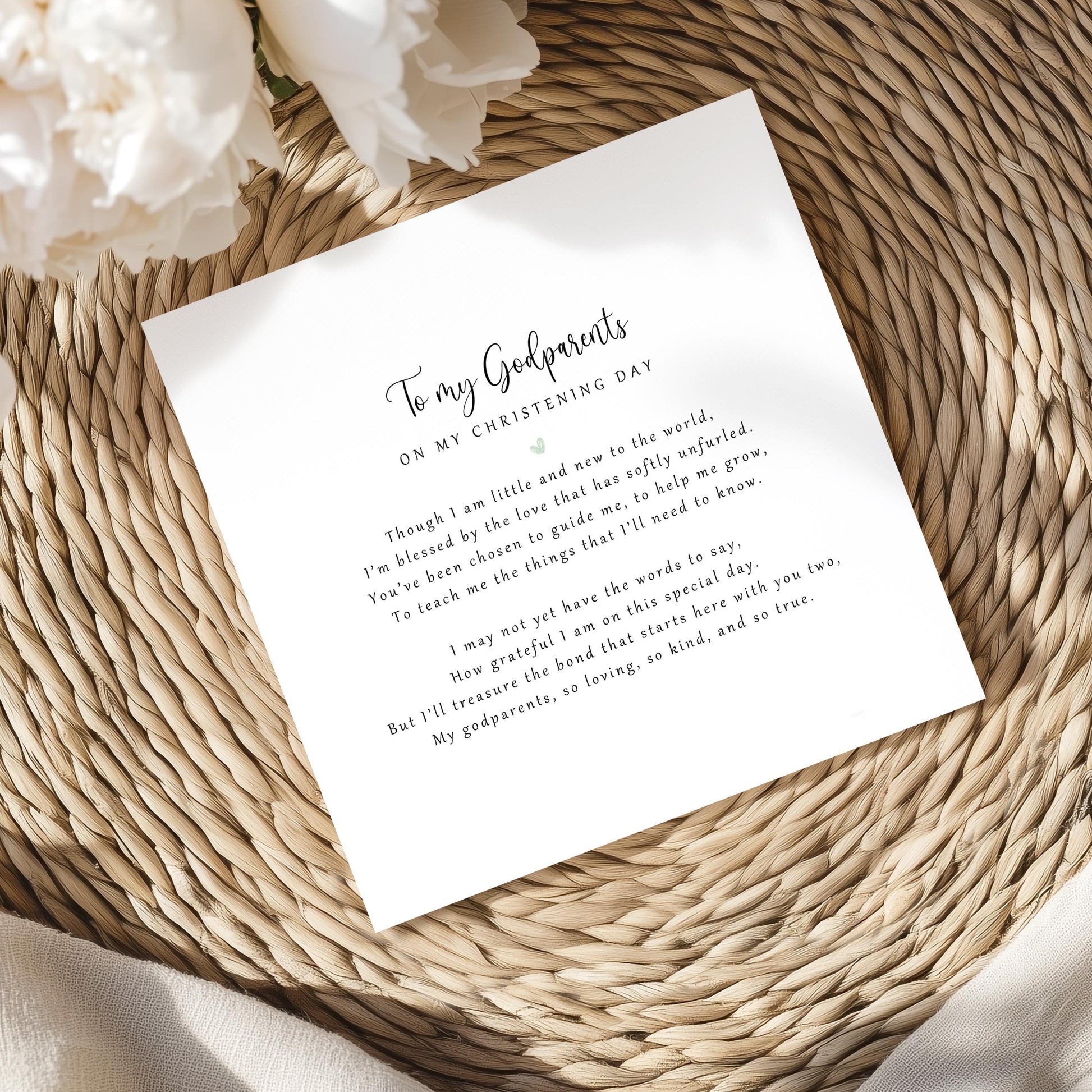 Personalised christening day poem card from baby to godparents, printed on eco-friendly card with kraft envelope.