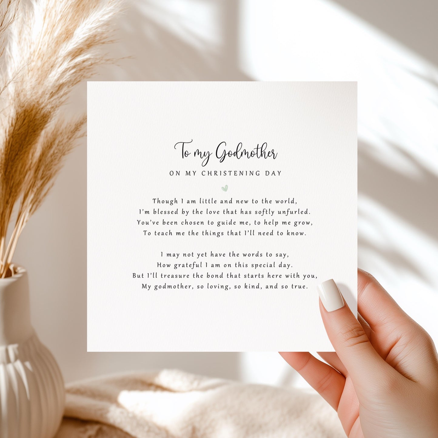 Personalised christening day poem card from baby to godmother, printed on recycled card with kraft envelope.