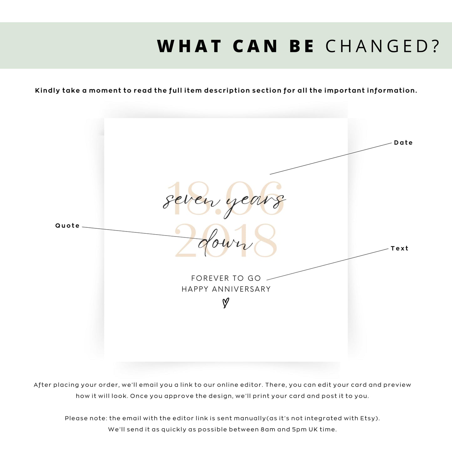 Personalised seven-year anniversary card featuring soft beige date, script text reading “Seven Years Down”, and a small heart detail.