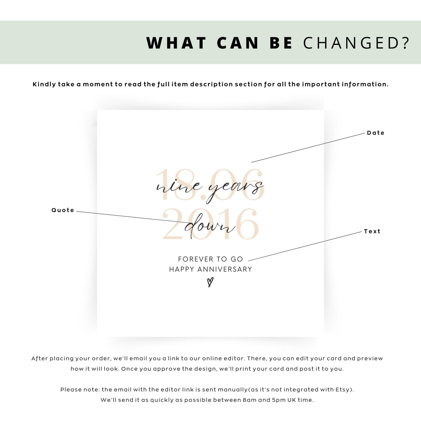 Personalised nine-year anniversary card featuring soft beige date, script text reading “Nine Years Down”, and a small heart detail.