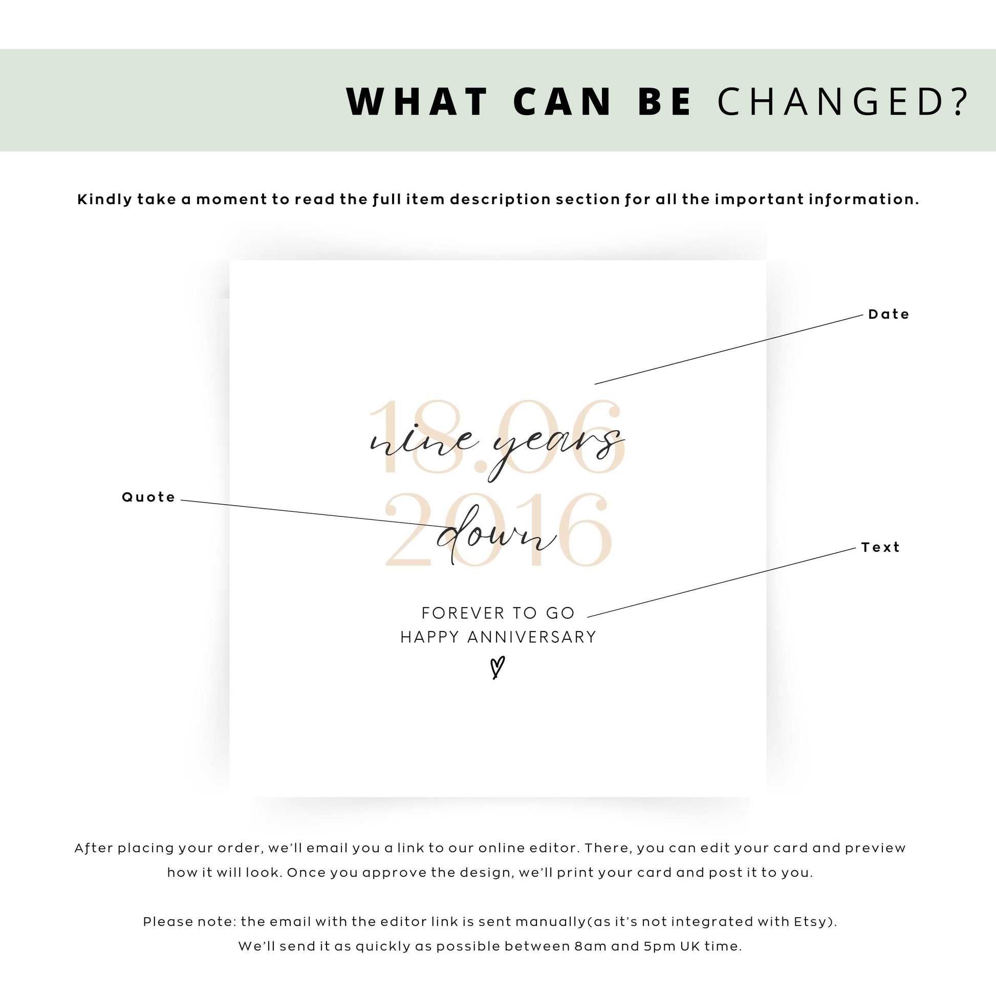 Personalised nine-year anniversary card featuring soft beige date, script text reading “Nine Years Down”, and a small heart detail.