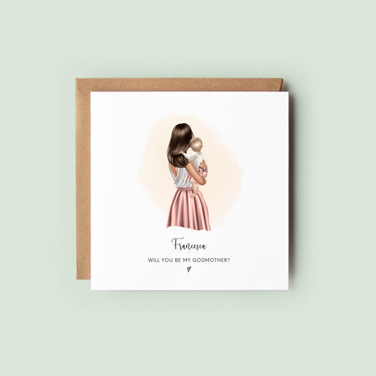 Illustrated personalised “Will You Be My Godmother?” card featuring a woman holding a baby in pink, with recipient’s name printed above. Ideal for godmother proposal, christening, or baptism keepsake.