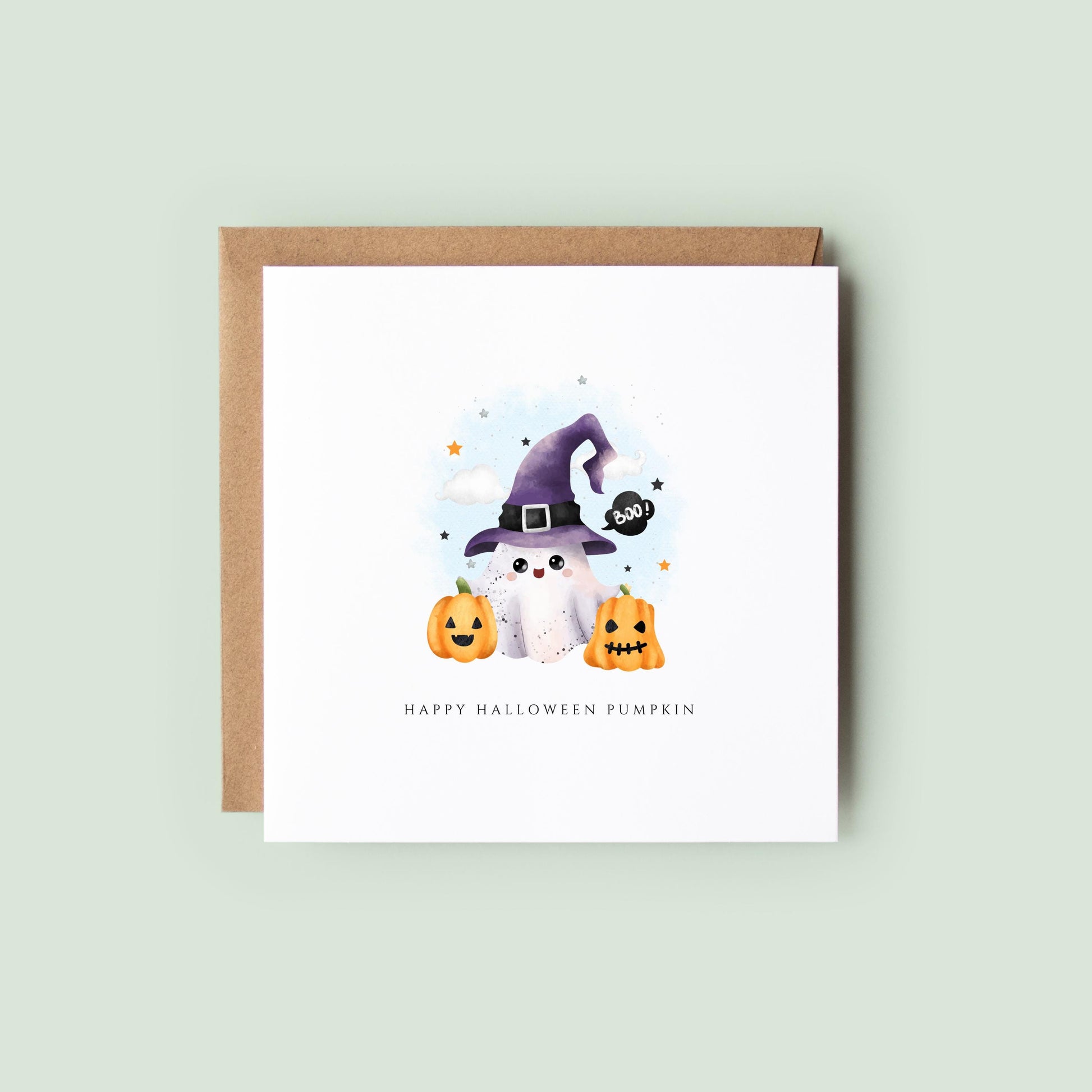 Cute Halloween card with ghost in a purple witch hat and two pumpkins, set against a soft pastel background.