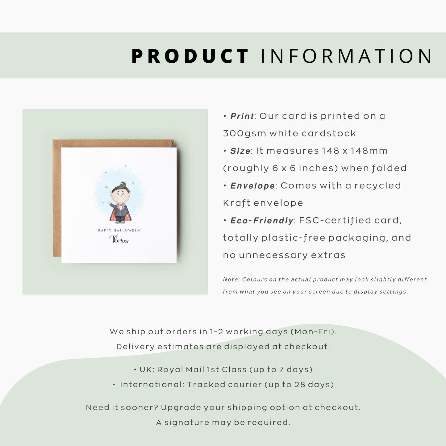 Personalised Halloween card with cute cartoon vampire character and custom name.