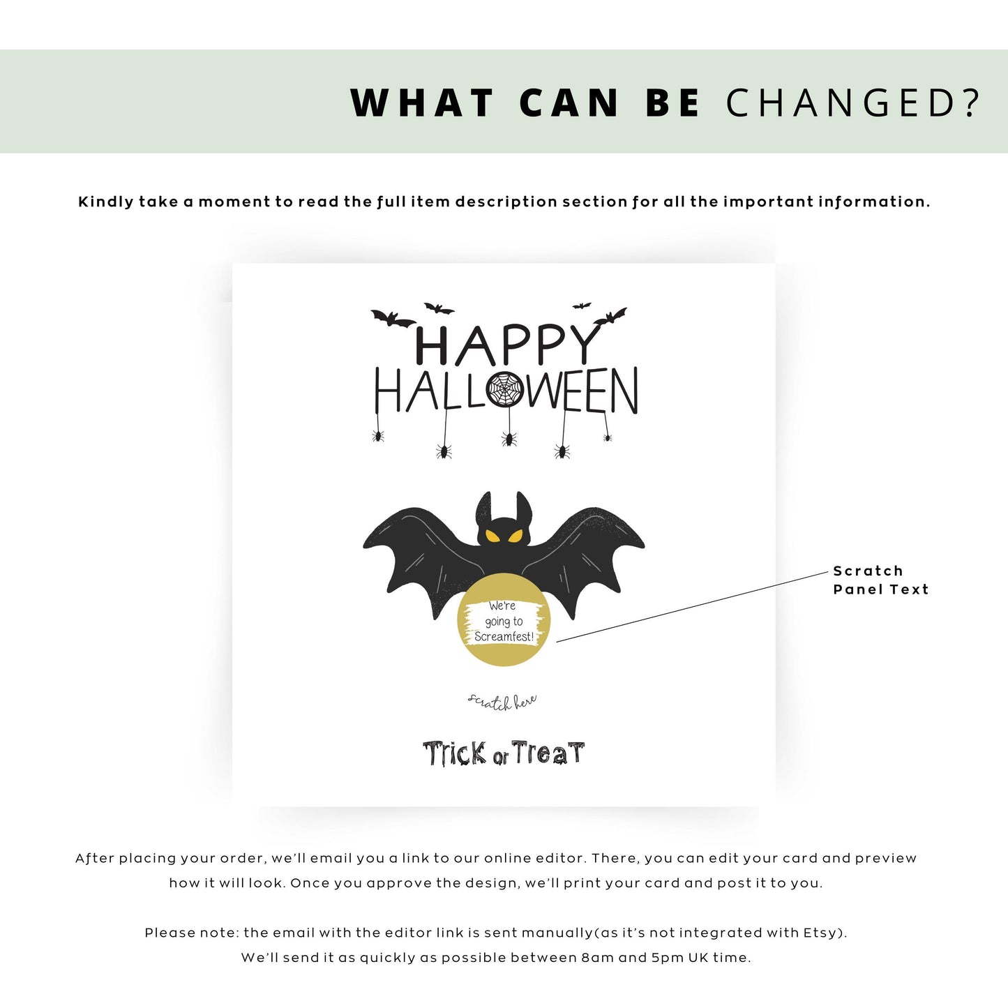Square Halloween scratch card featuring a black bat with yellow eyes and a gold scratch-off circle that hides a surprise message. Text reads “Happy Halloween” and “Trick or Treat” in spooky fonts.