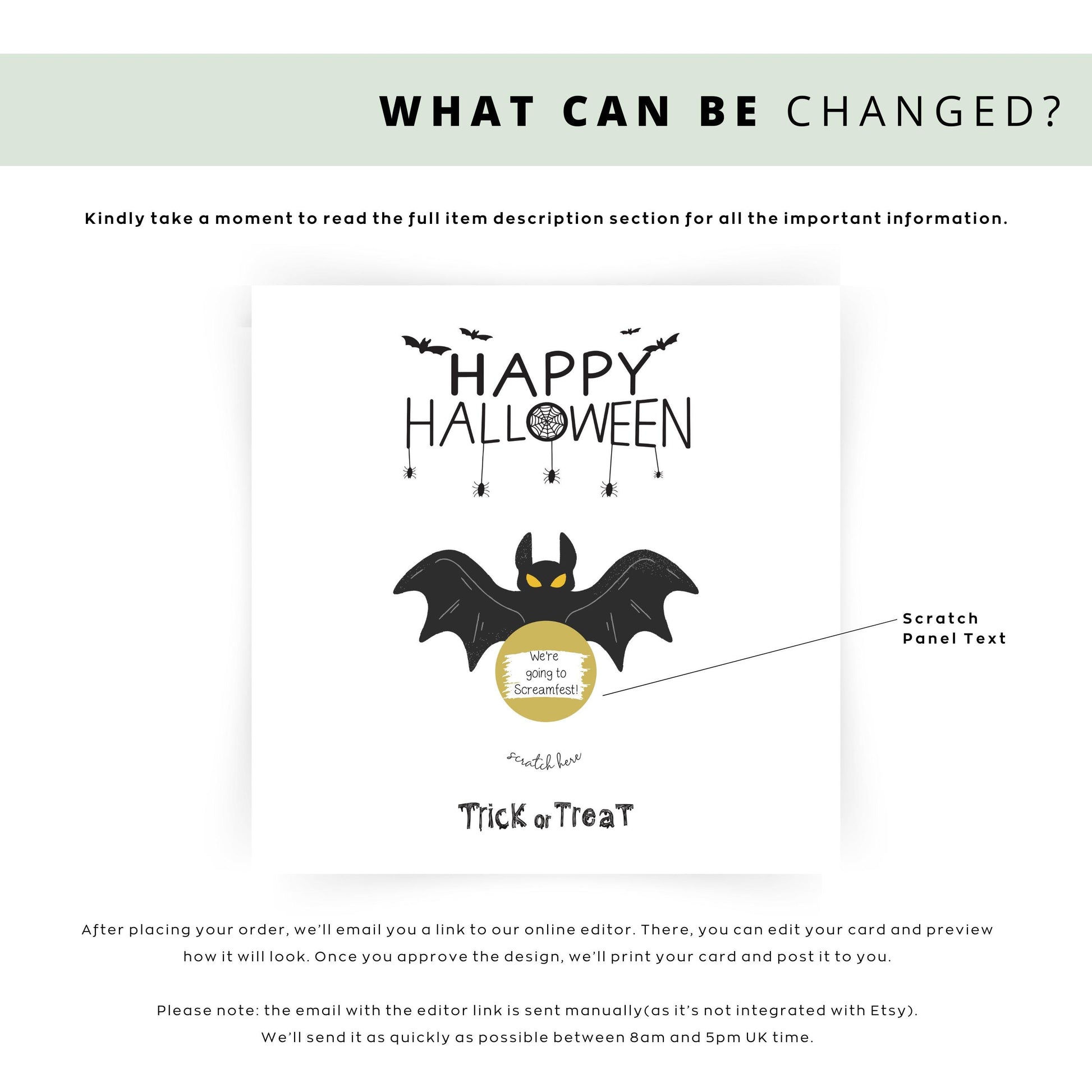 Square Halloween scratch card featuring a black bat with yellow eyes and a gold scratch-off circle that hides a surprise message. Text reads “Happy Halloween” and “Trick or Treat” in spooky fonts.