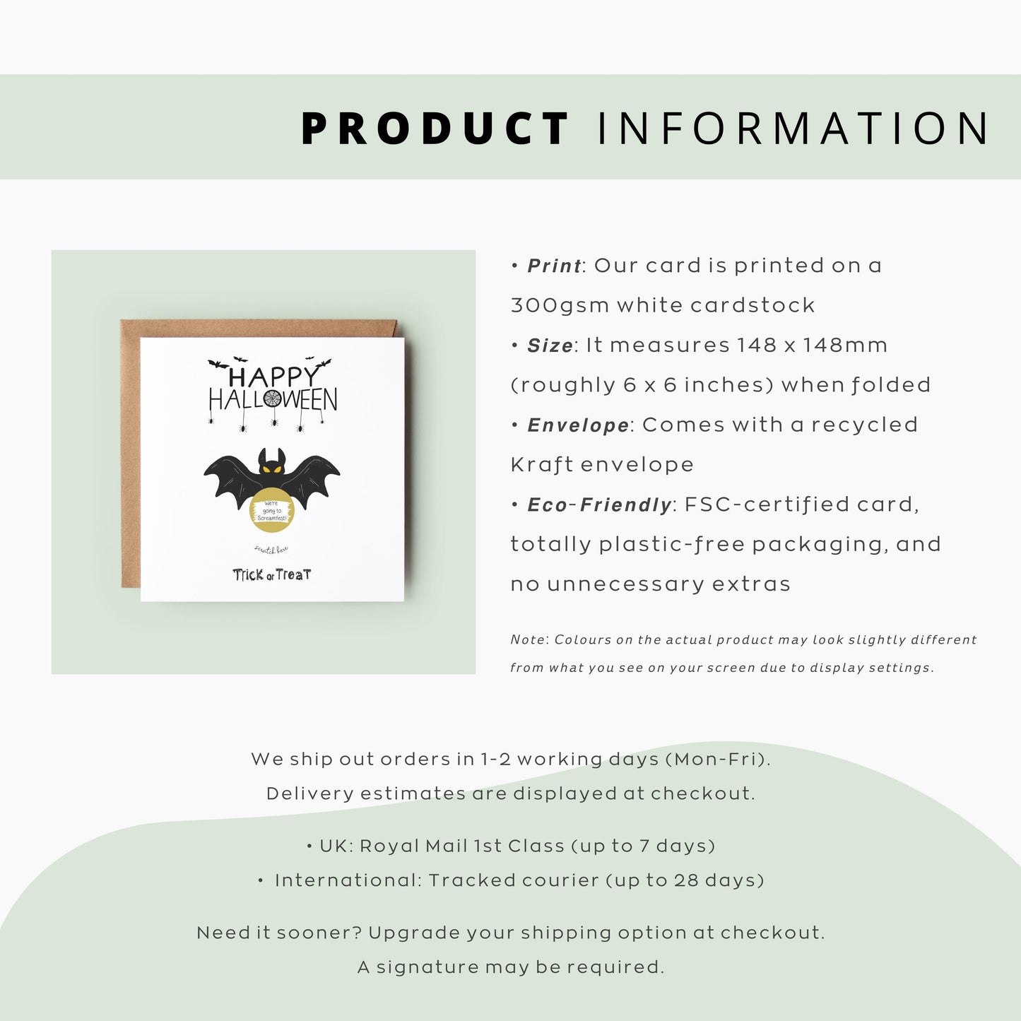 Square Halloween scratch card featuring a black bat with yellow eyes and a gold scratch-off circle that hides a surprise message. Text reads “Happy Halloween” and “Trick or Treat” in spooky fonts.