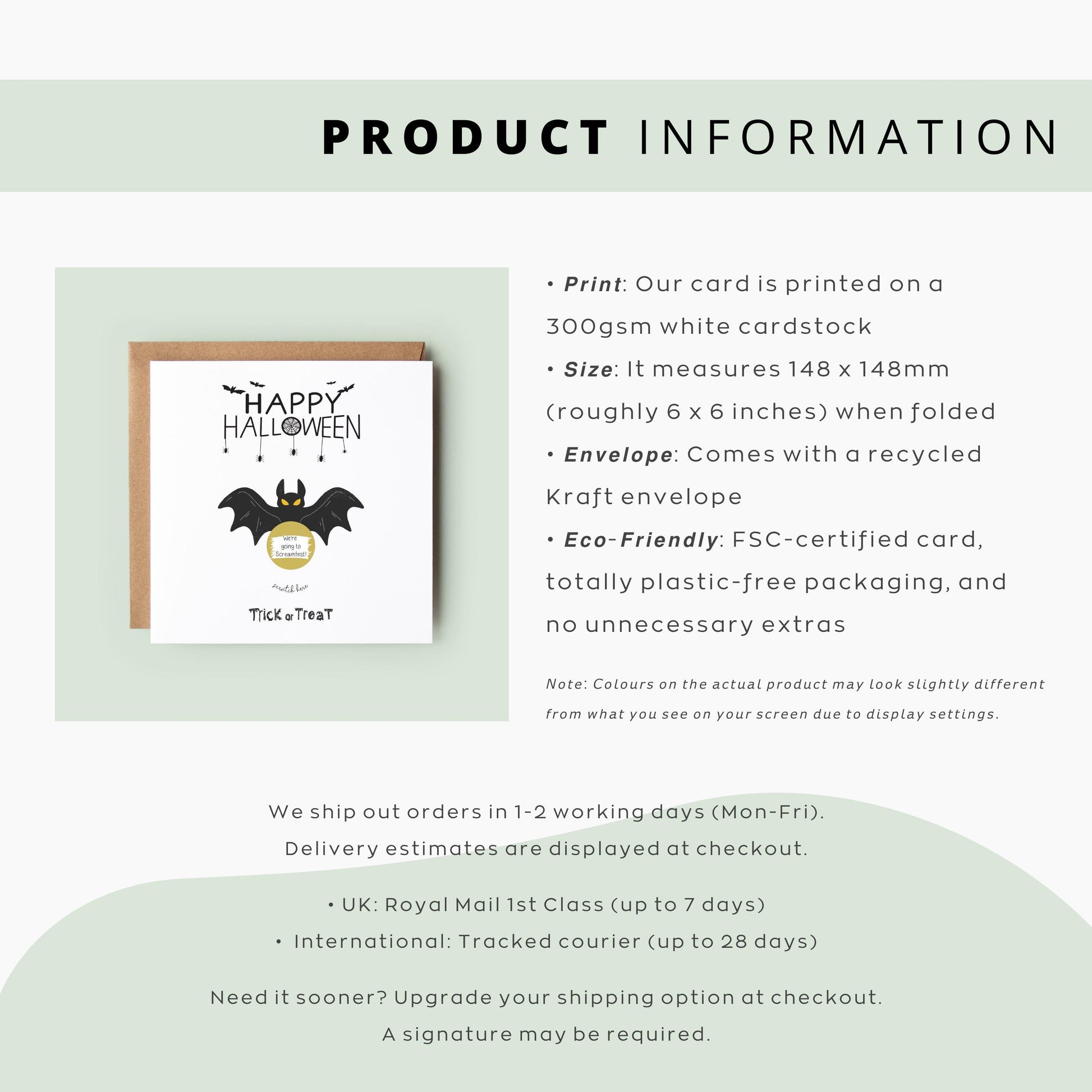 Square Halloween scratch card featuring a black bat with yellow eyes and a gold scratch-off circle that hides a surprise message. Text reads “Happy Halloween” and “Trick or Treat” in spooky fonts.