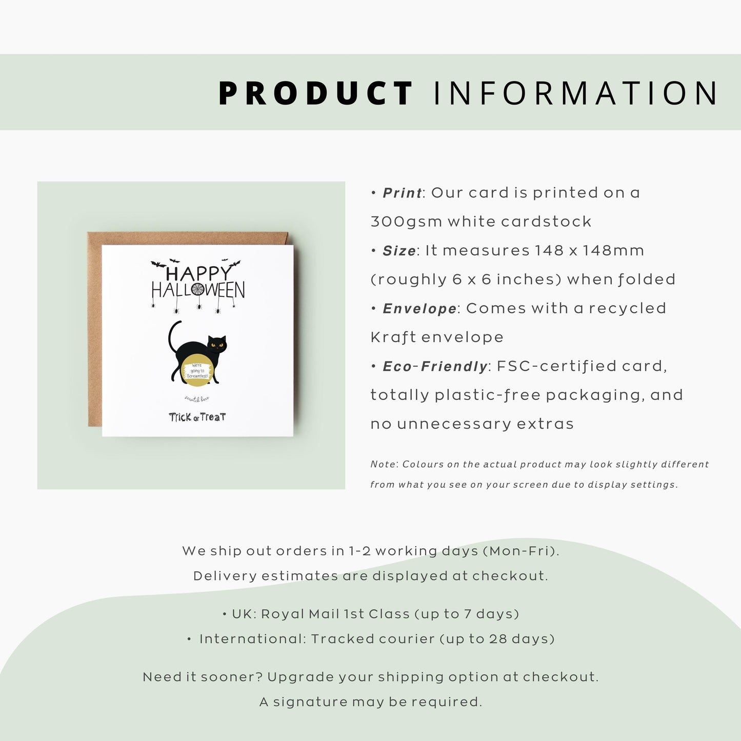 Halloween scratch card with a black cat and gold scratch-to-reveal area that uncovers a gift message.