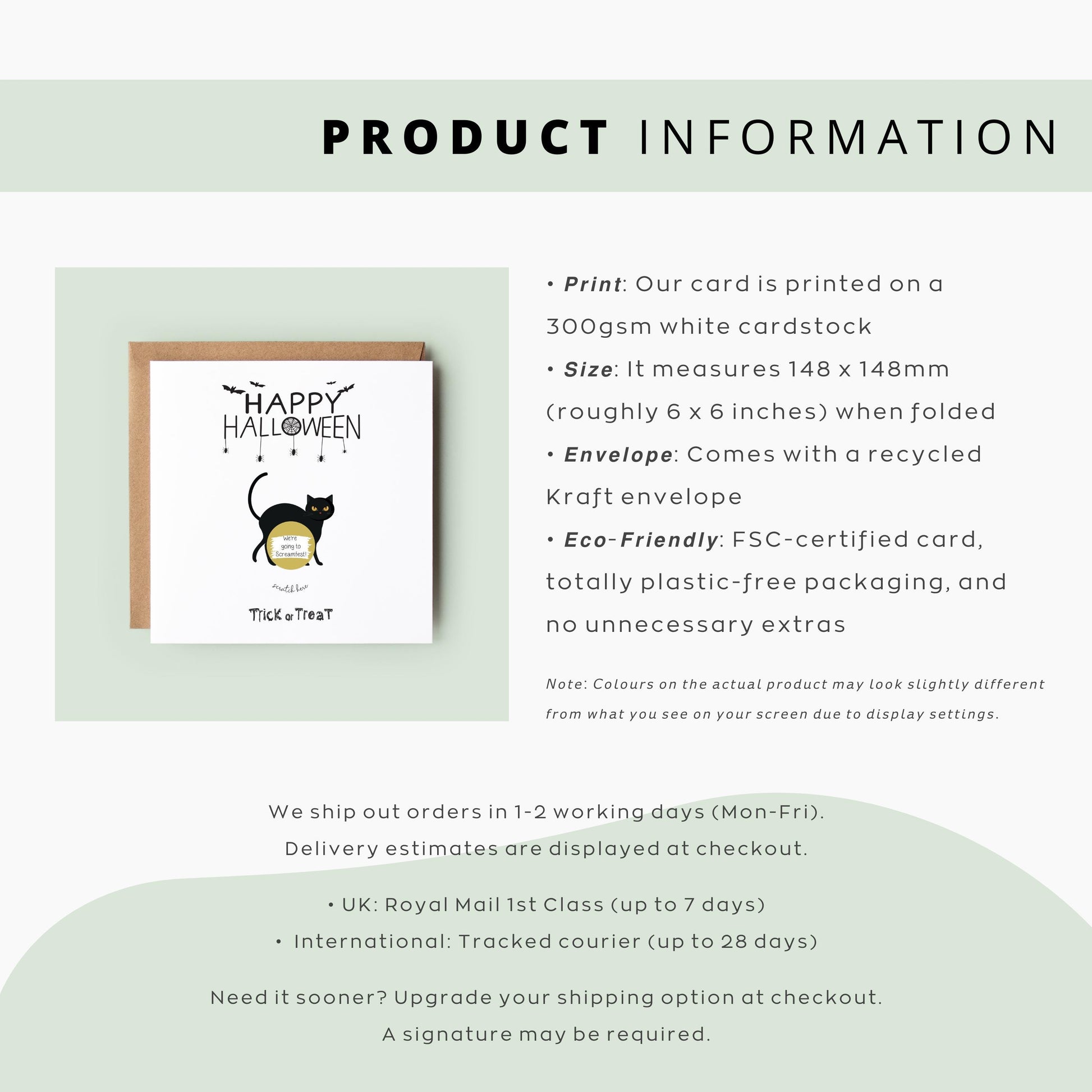 Halloween scratch card with a black cat and gold scratch-to-reveal area that uncovers a gift message.